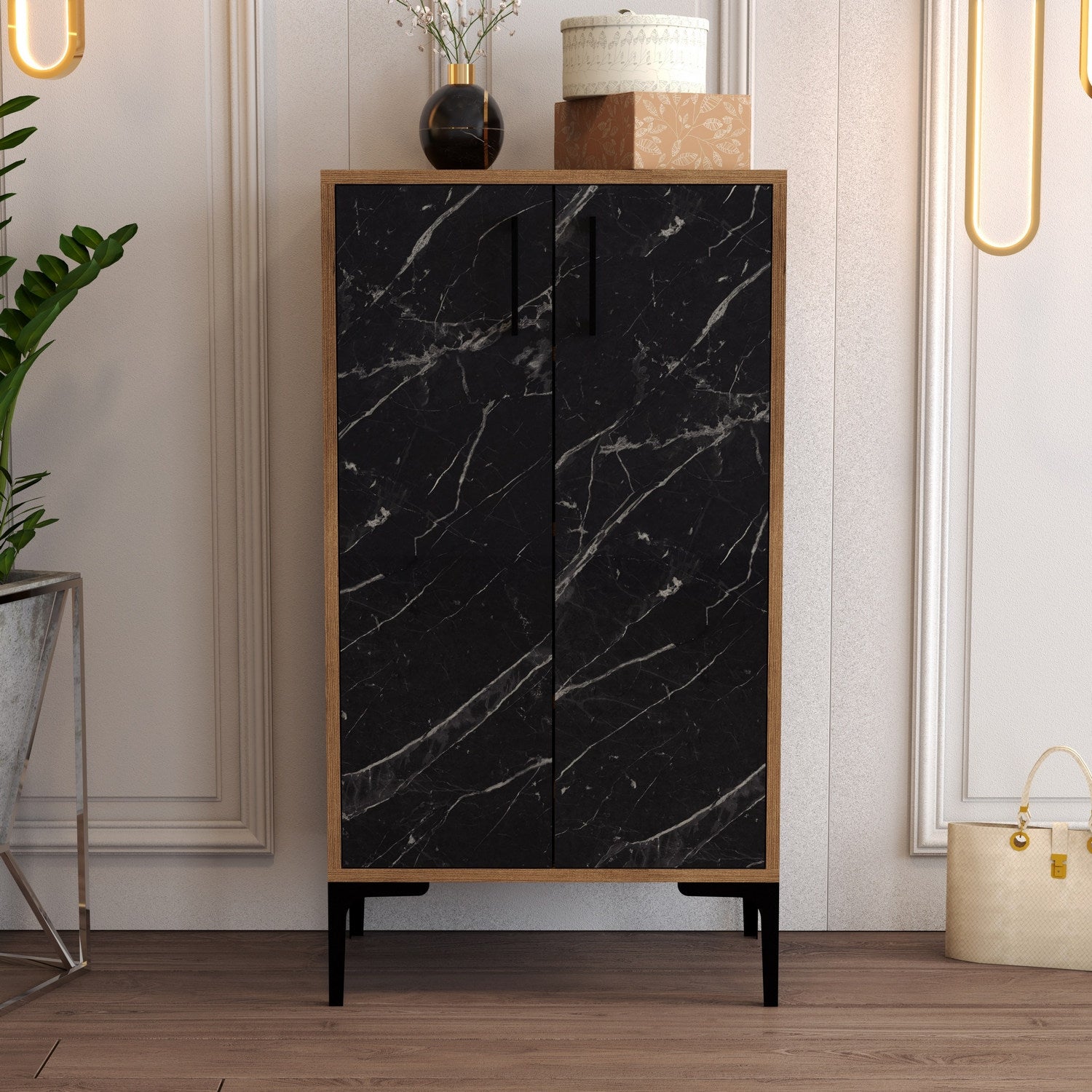 Sapateira industrial, nogueira e preta, 60 x 111 x 35 cm | 100% revestida em melamina, 18 mm de espessura, pés de metal, montagem na parede, design elegante e funcional