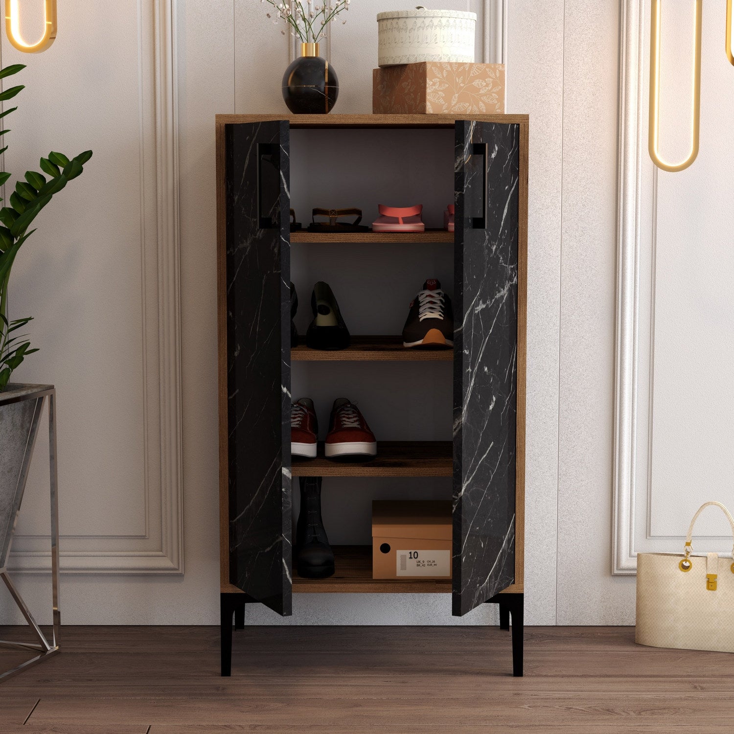 Sapateira industrial, nogueira e preta, 60 x 111 x 35 cm | 100% revestida em melamina, 18 mm de espessura, pés de metal, montagem na parede, design elegante e funcional