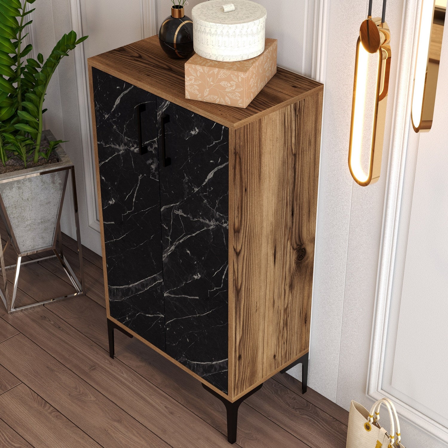 Sapateira industrial, nogueira e preta, 60 x 111 x 35 cm | 100% revestida em melamina, 18 mm de espessura, pés de metal, montagem na parede, design elegante e funcional