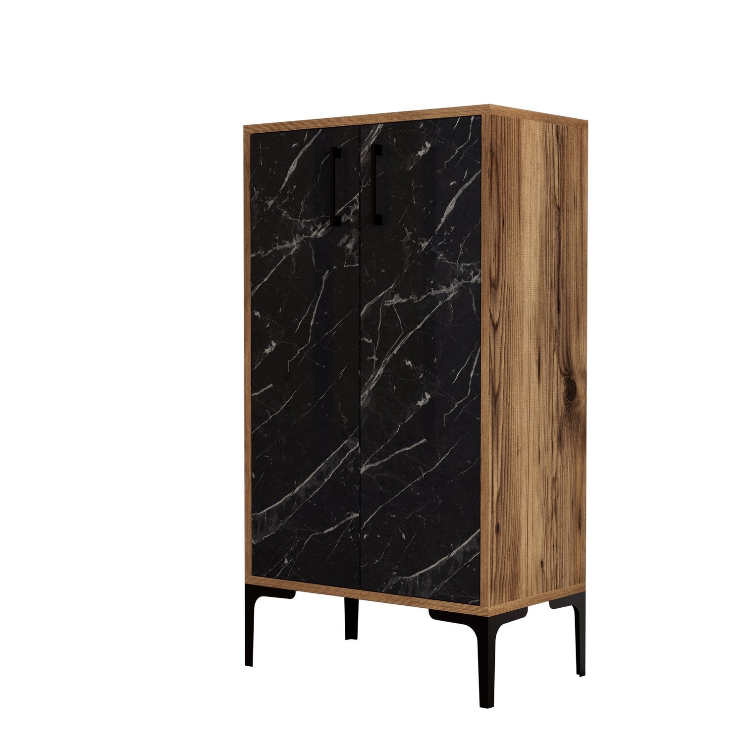 Sapateira industrial, nogueira e preta, 60 x 111 x 35 cm | 100% revestida em melamina, 18 mm de espessura, pés de metal, montagem na parede, design elegante e funcional