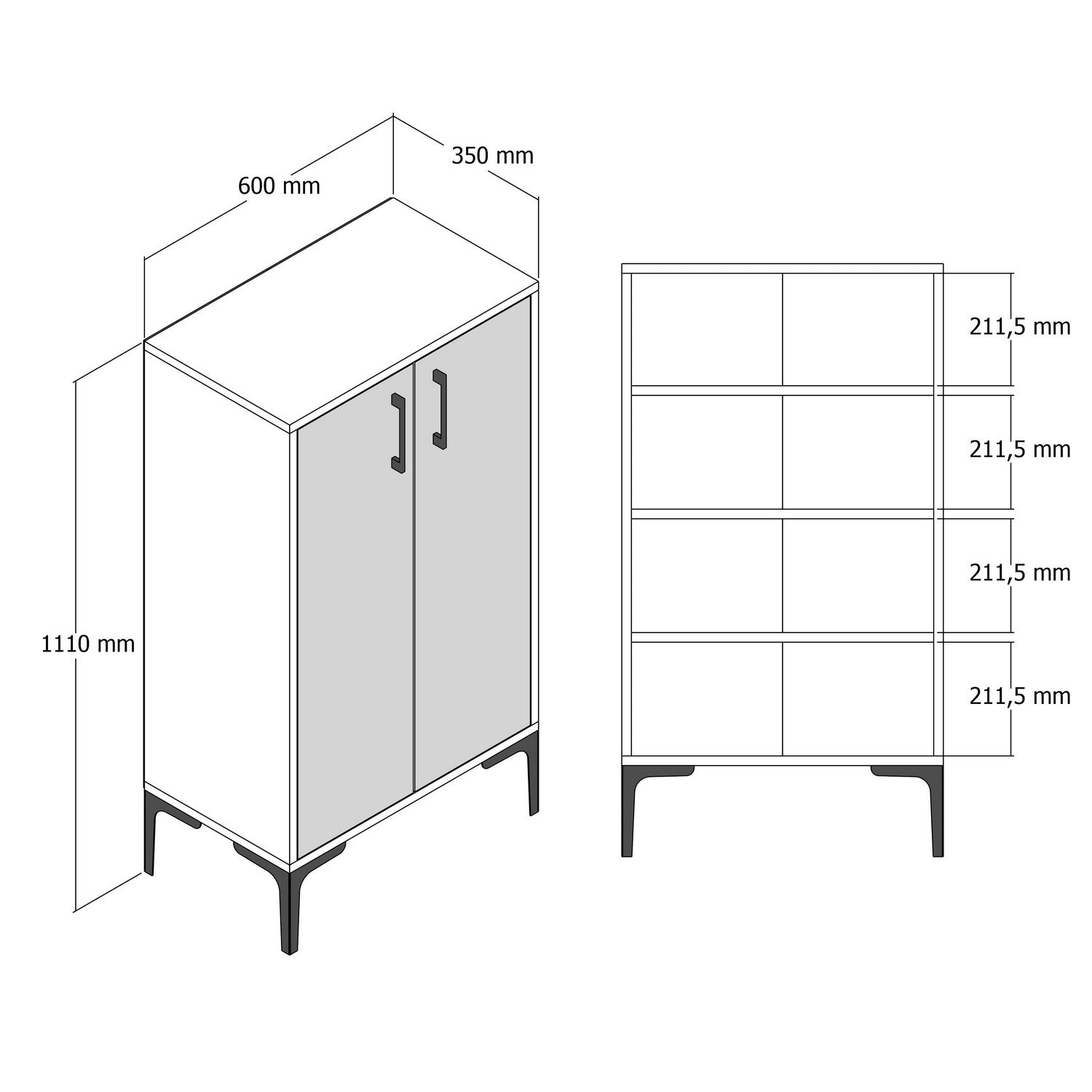 Sapateira industrial, nogueira e preta, 60 x 111 x 35 cm | 100% revestida em melamina, 18 mm de espessura, pés de metal, montagem na parede, design elegante e funcional