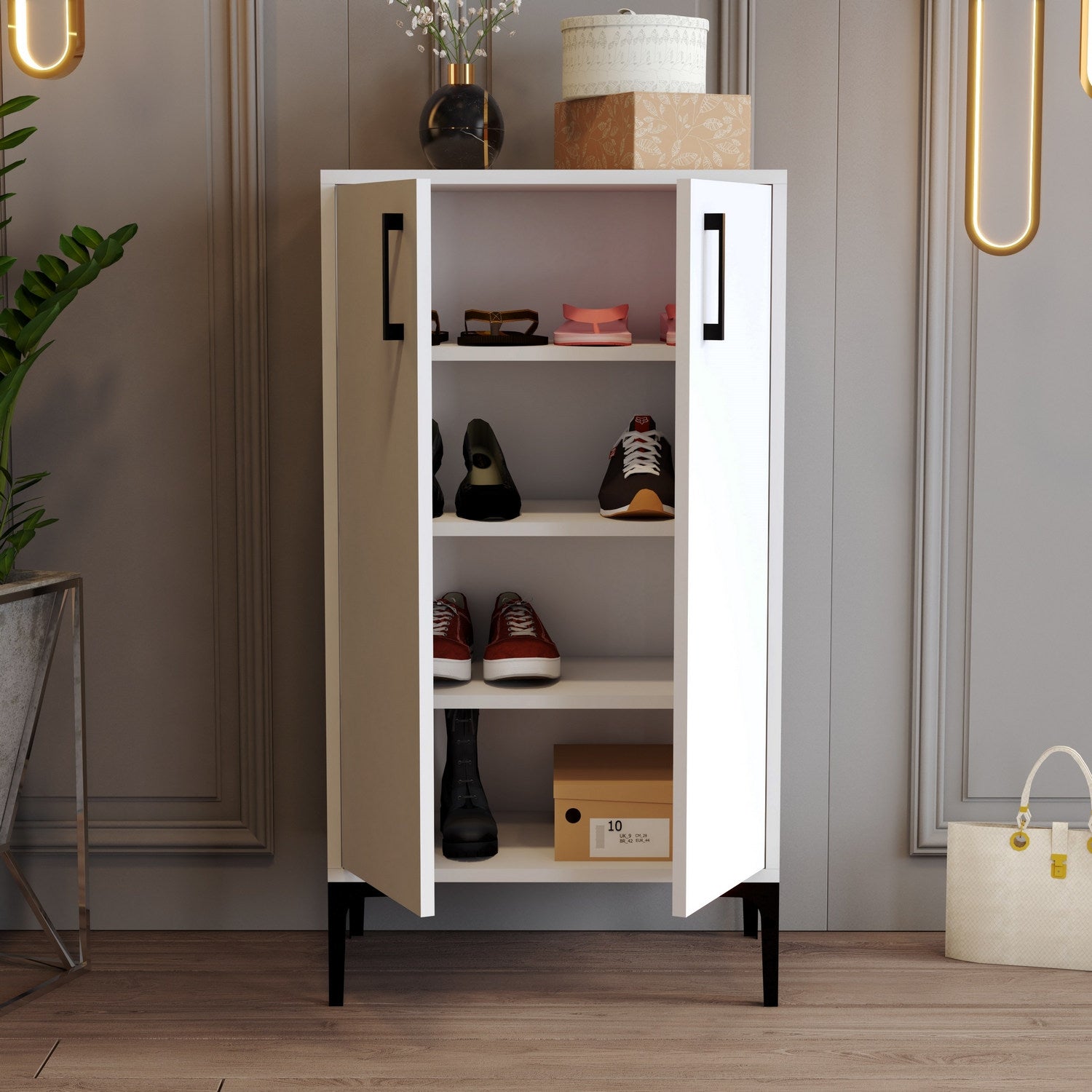 Elegante sapateira branca, 60 cm x 111 cm x 35 cm | Painel de partículas 100% revestido em melamina, 18 mm de espessura | Pés de metal, montagem na parede, várias prateleiras