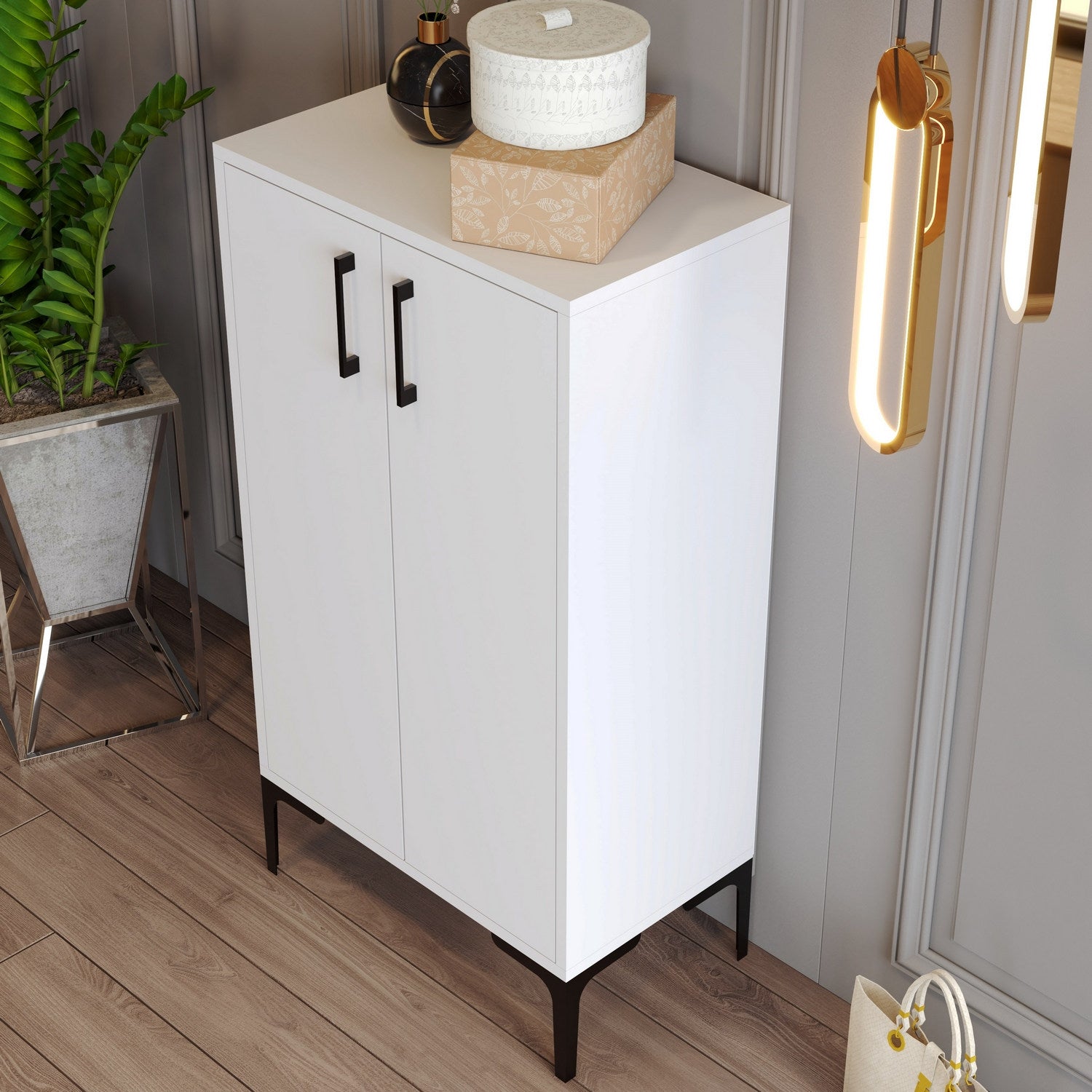 Elegante sapateira branca, 60 cm x 111 cm x 35 cm | Painel de partículas 100% revestido em melamina, 18 mm de espessura | Pés de metal, montagem na parede, várias prateleiras