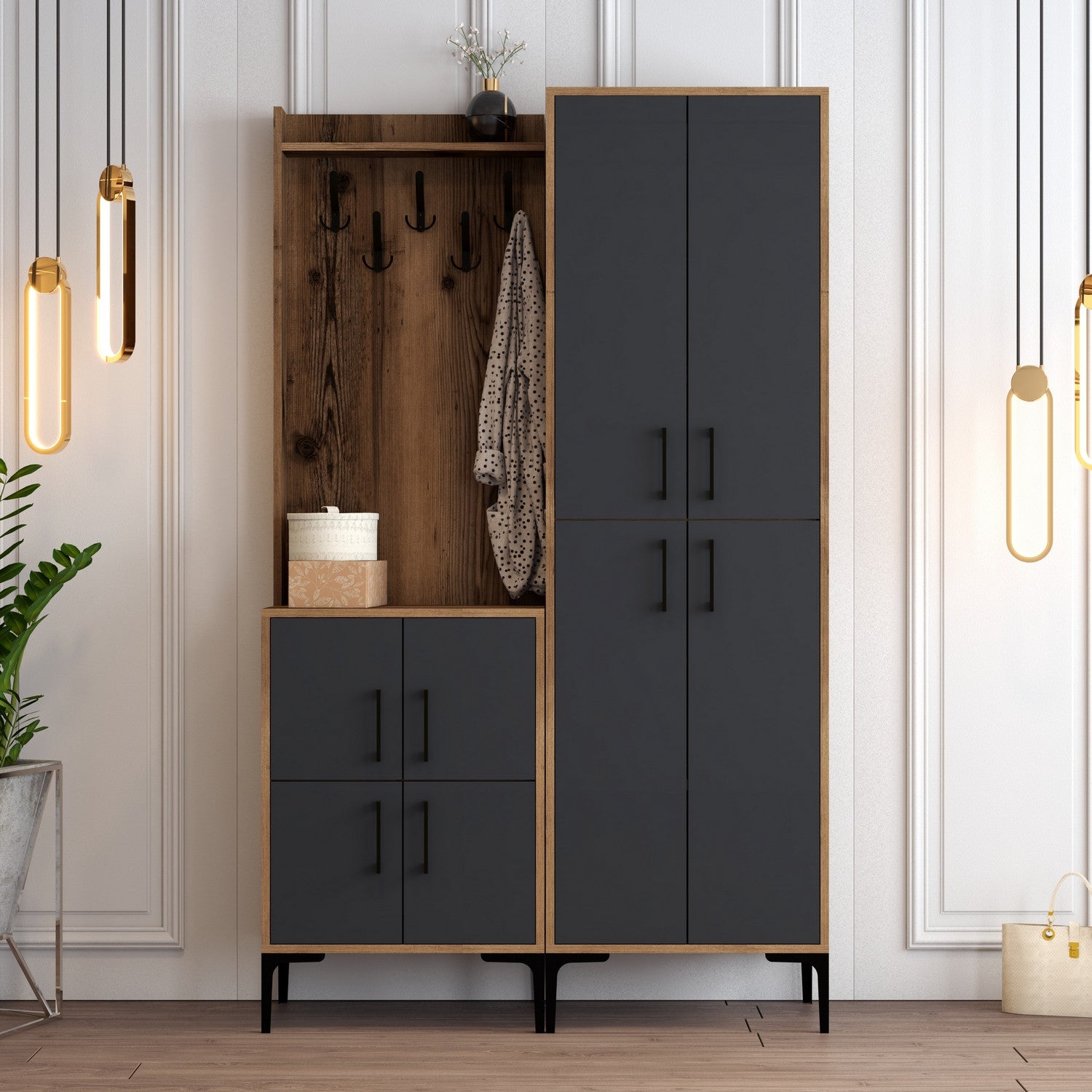 Suporte industrial para salão com pernas de metal e alça de plástico, nogueira e antracite, 120 x 200 x 35 cm | 100% revestido em melamina, montável em parede, solução de armazenamento elegante