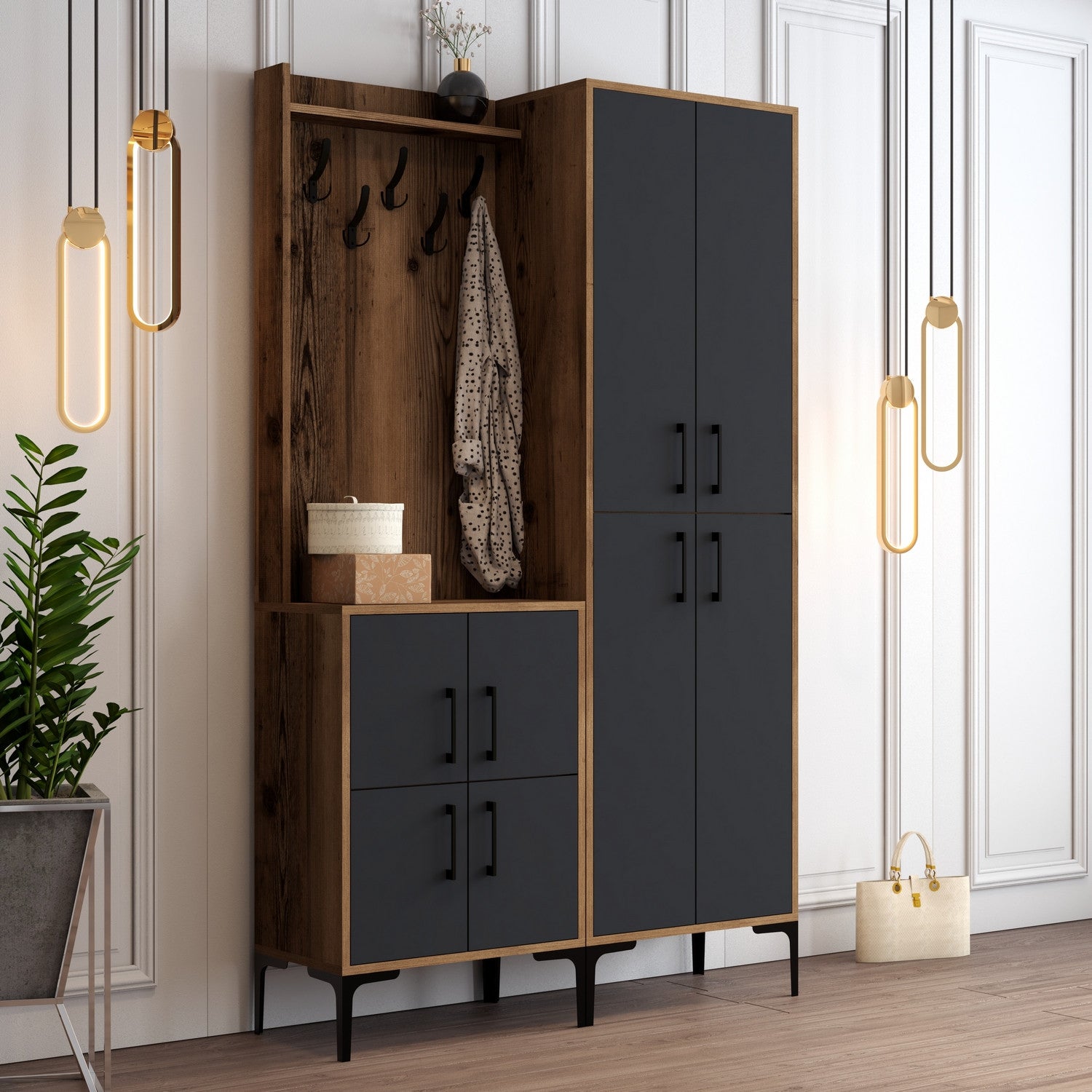 Suporte industrial para salão com pernas de metal e alça de plástico, nogueira e antracite, 120 x 200 x 35 cm | 100% revestido em melamina, montável em parede, solução de armazenamento elegante