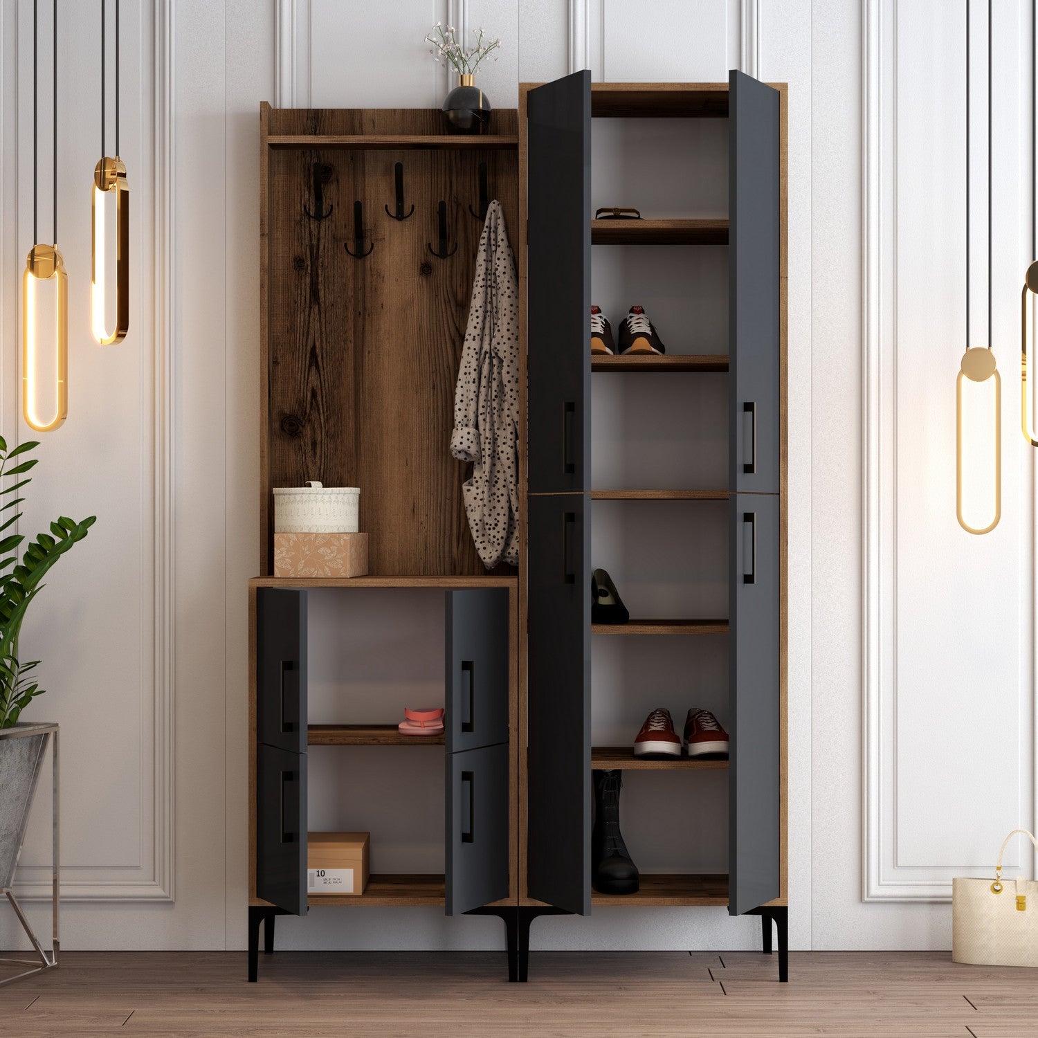 Suporte industrial para salão com pernas de metal e alça de plástico, nogueira e antracite, 120 x 200 x 35 cm | 100% revestido em melamina, montável em parede, solução de armazenamento elegante