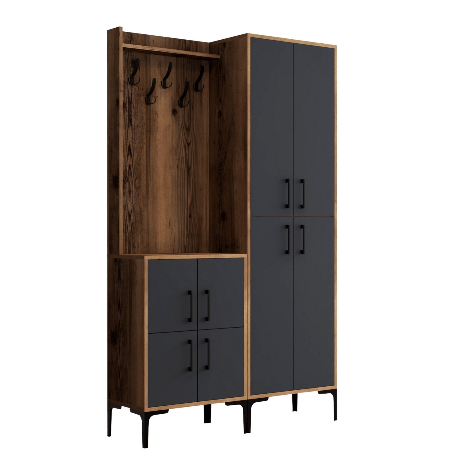 Suporte industrial para salão com pernas de metal e alça de plástico, nogueira e antracite, 120 x 200 x 35 cm | 100% revestido em melamina, montável em parede, solução de armazenamento elegante