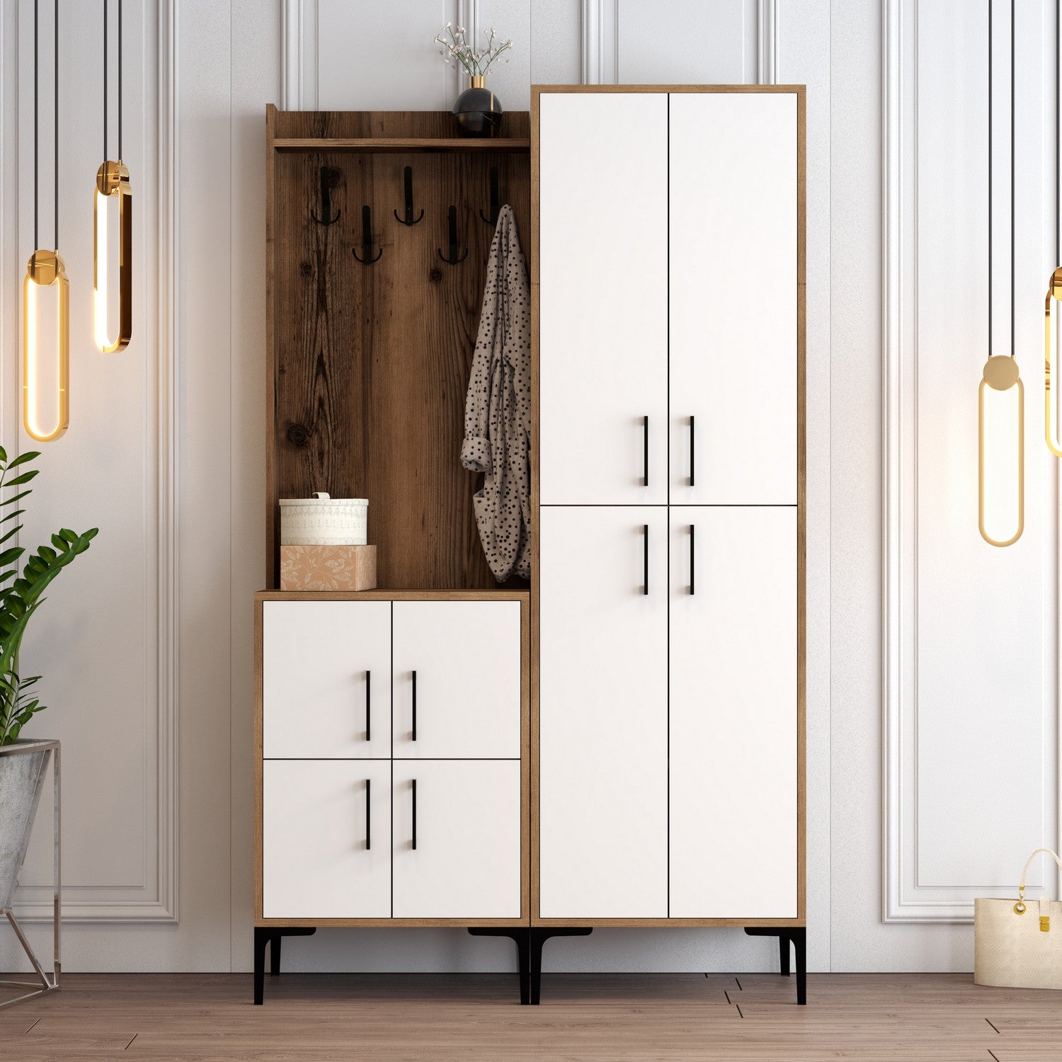 Suporte industrial para hall com pernas de metal e alça de plástico, nogueira e branco, 120 x 200 x 35 cm | 100% revestido em melamina, para montagem na parede, elegante e funcional