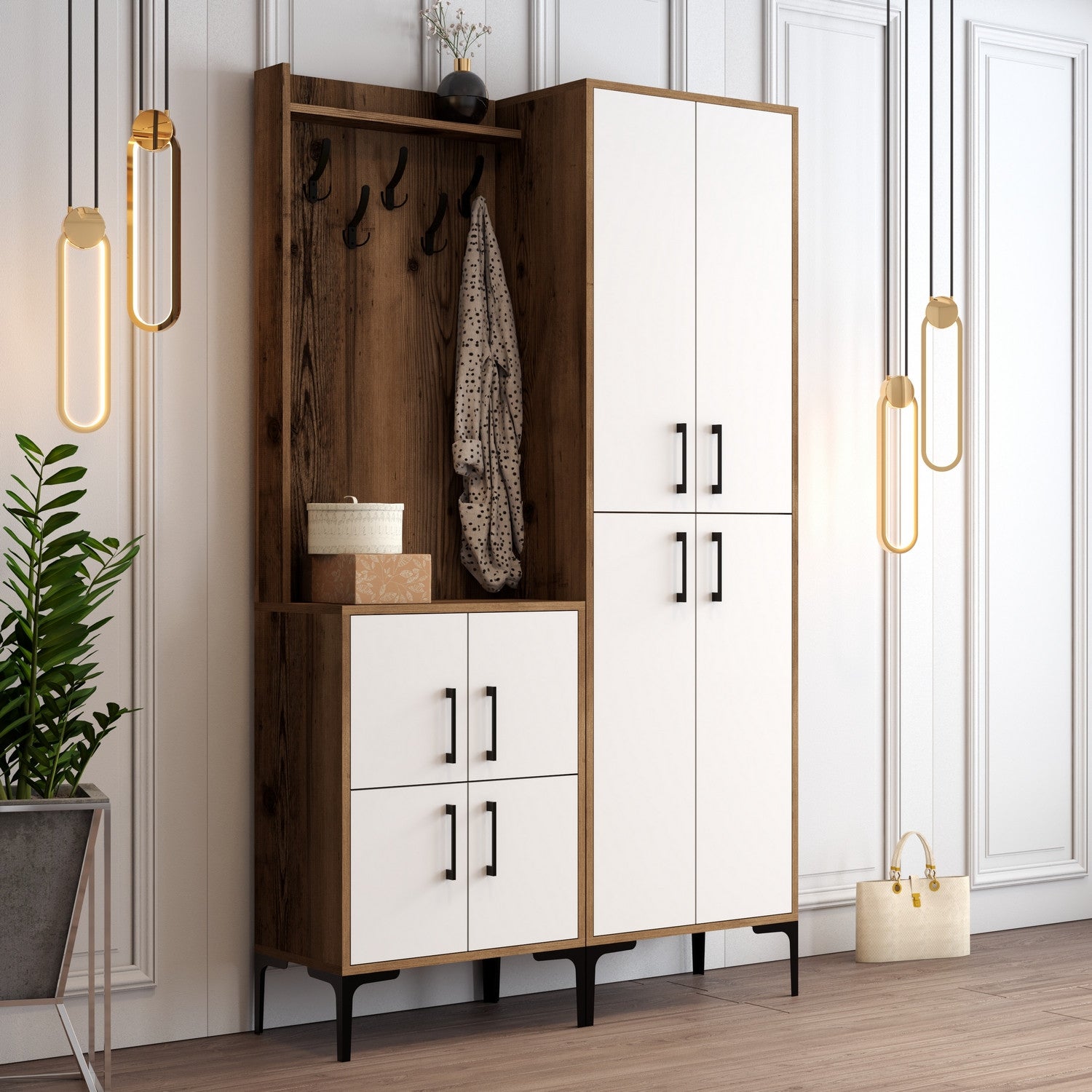 Suporte industrial para hall com pernas de metal e alça de plástico, nogueira e branco, 120 x 200 x 35 cm | 100% revestido em melamina, para montagem na parede, elegante e funcional