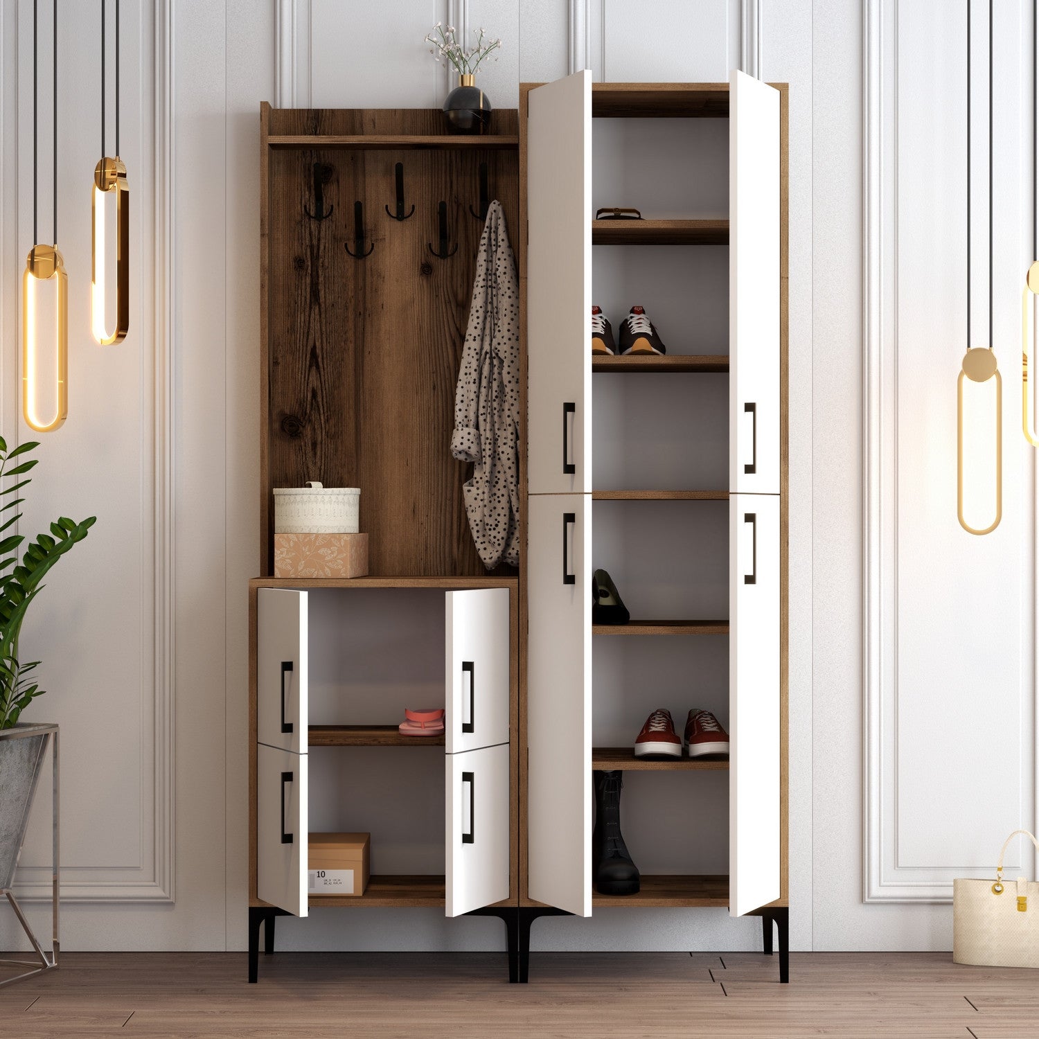 Suporte industrial para hall com pernas de metal e alça de plástico, nogueira e branco, 120 x 200 x 35 cm | 100% revestido em melamina, para montagem na parede, elegante e funcional