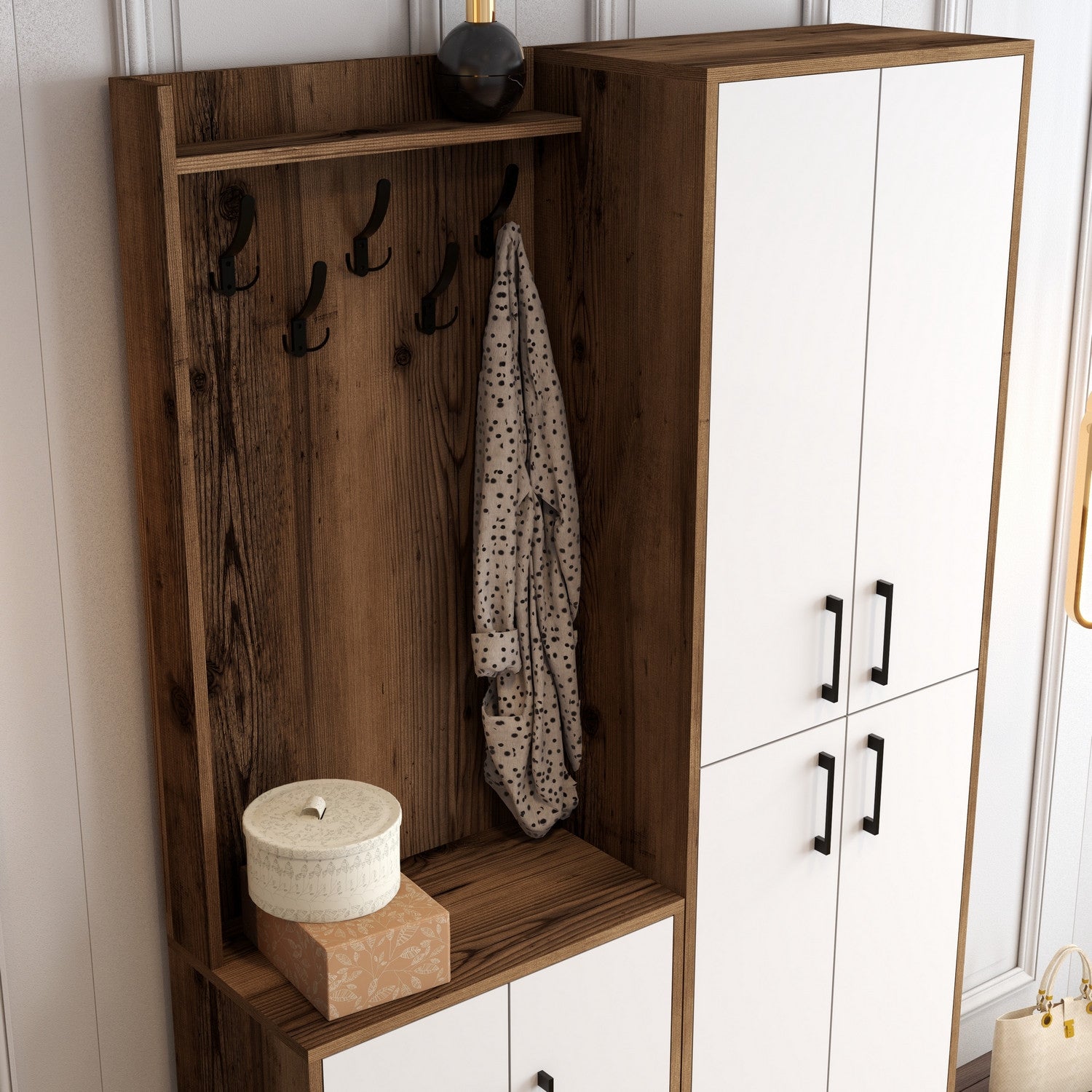 Suporte industrial para hall com pernas de metal e alça de plástico, nogueira e branco, 120 x 200 x 35 cm | 100% revestido em melamina, para montagem na parede, elegante e funcional