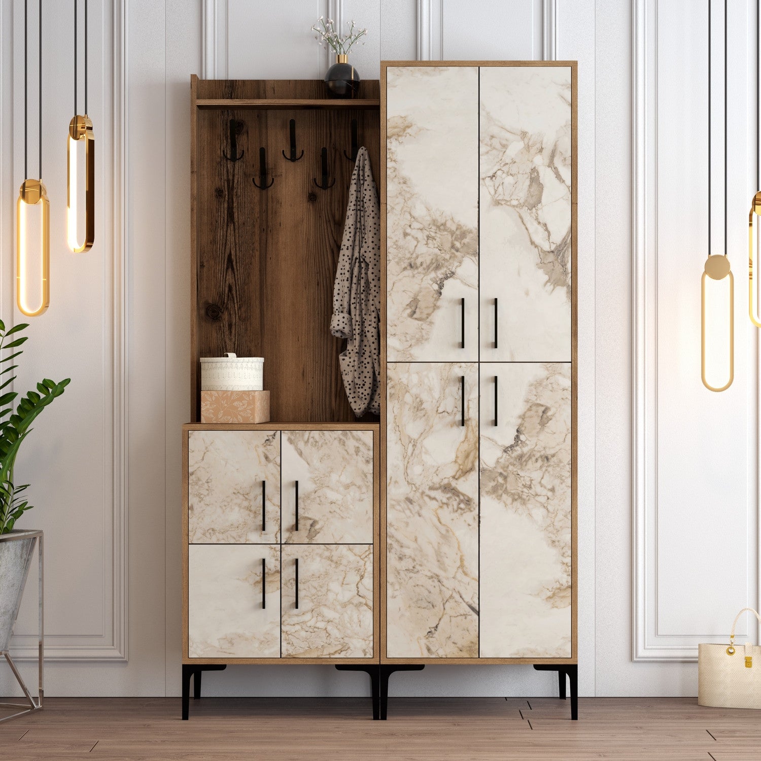Suporte industrial para hall com pernas de metal e alça de plástico, nogueira e branco, 120 x 200 x 35 cm | 100% revestido em melamina, para montagem na parede, elegante e funcional