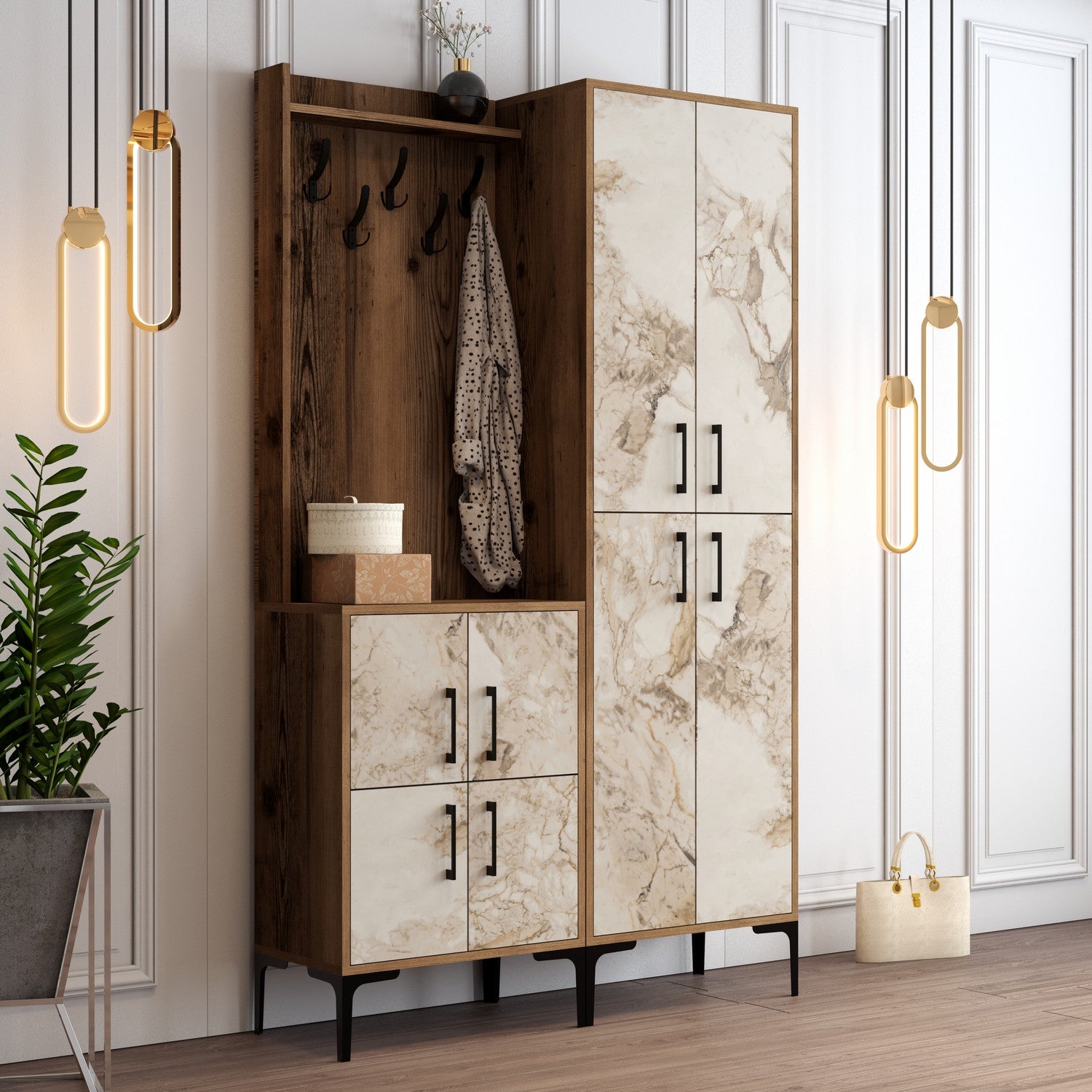 Suporte industrial para hall com pernas de metal e alça de plástico, nogueira e branco, 120 x 200 x 35 cm | 100% revestido em melamina, para montagem na parede, elegante e funcional