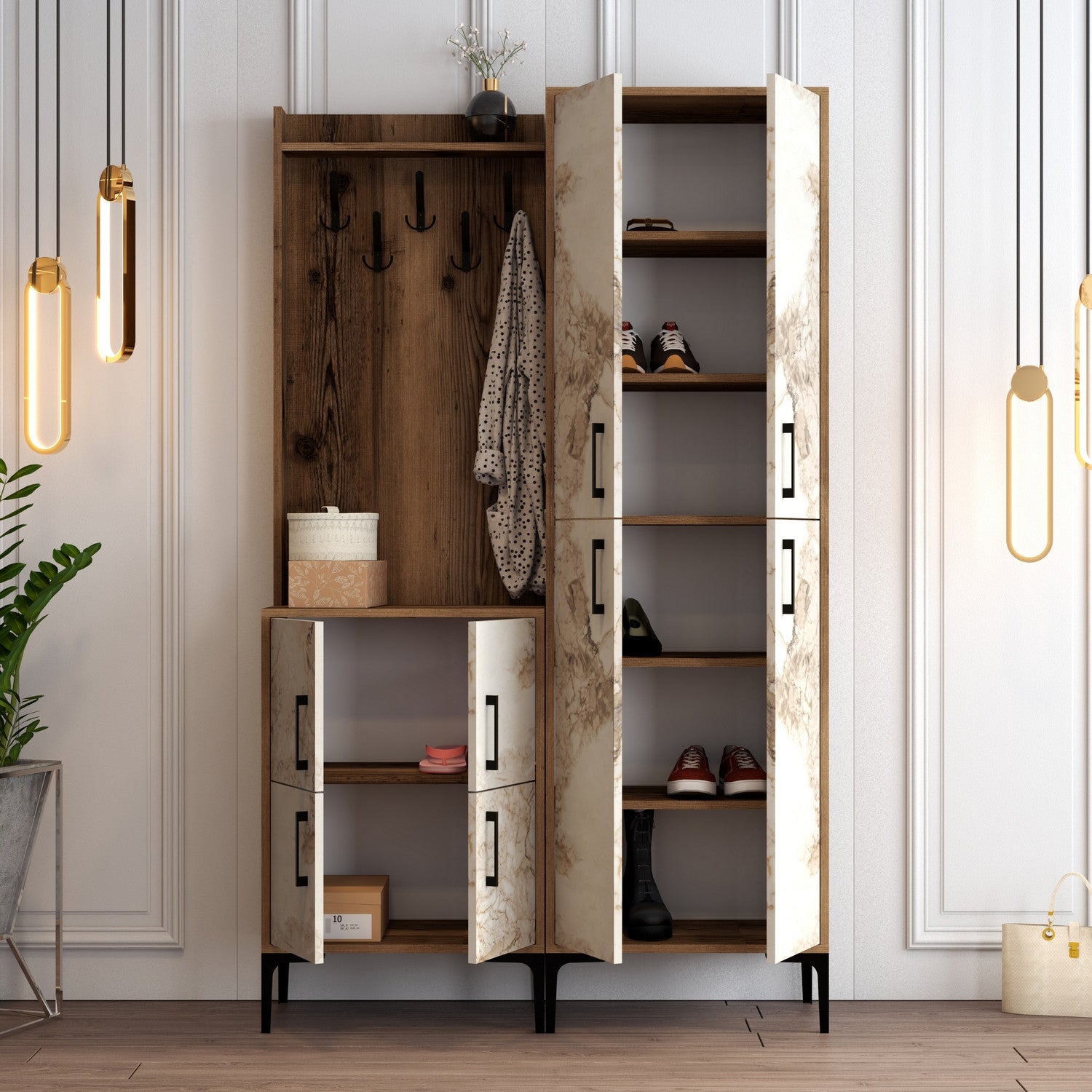 Suporte industrial para hall com pernas de metal e alça de plástico, nogueira e branco, 120 x 200 x 35 cm | 100% revestido em melamina, para montagem na parede, elegante e funcional