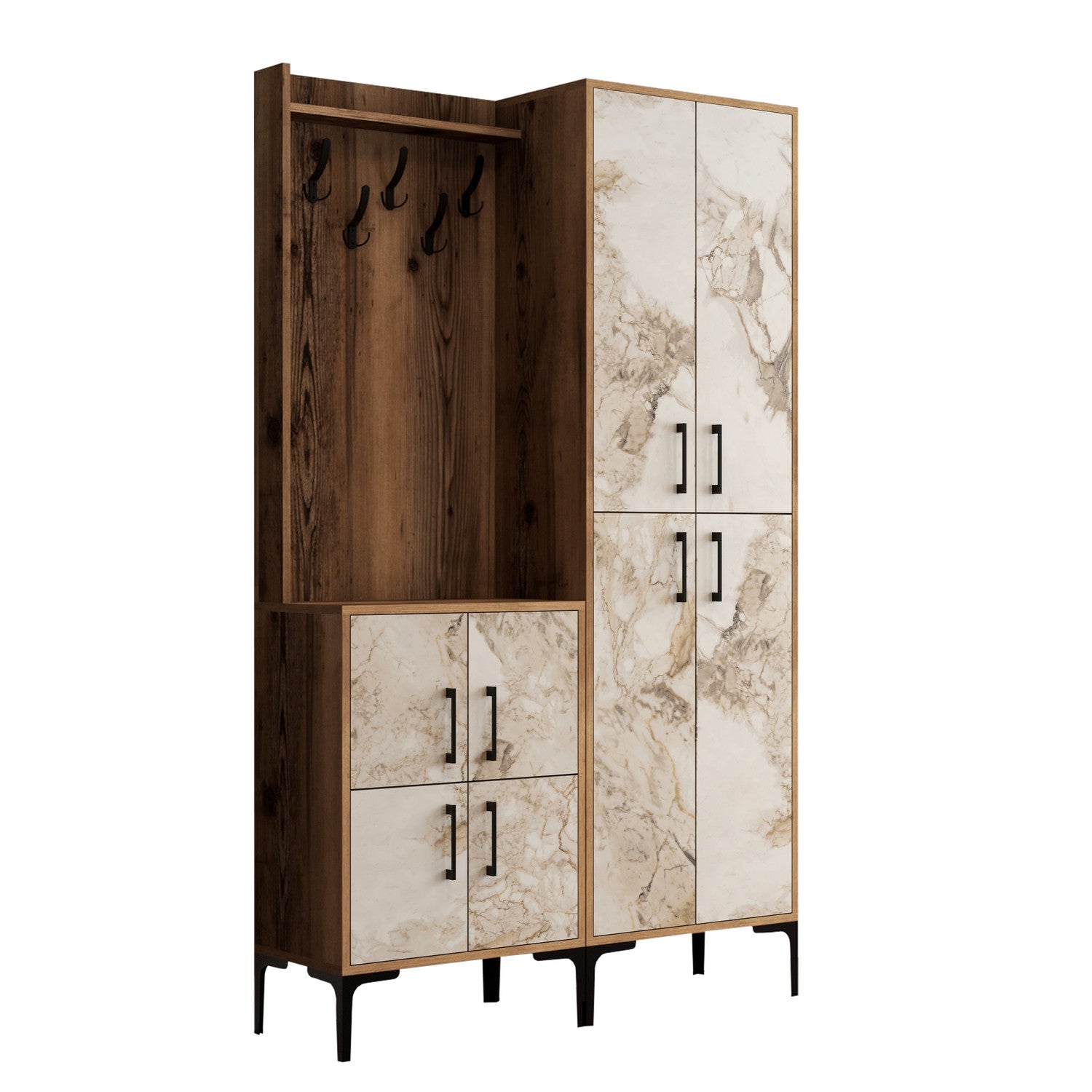 Suporte industrial para hall com pernas de metal e alça de plástico, nogueira e branco, 120 x 200 x 35 cm | 100% revestido em melamina, para montagem na parede, elegante e funcional