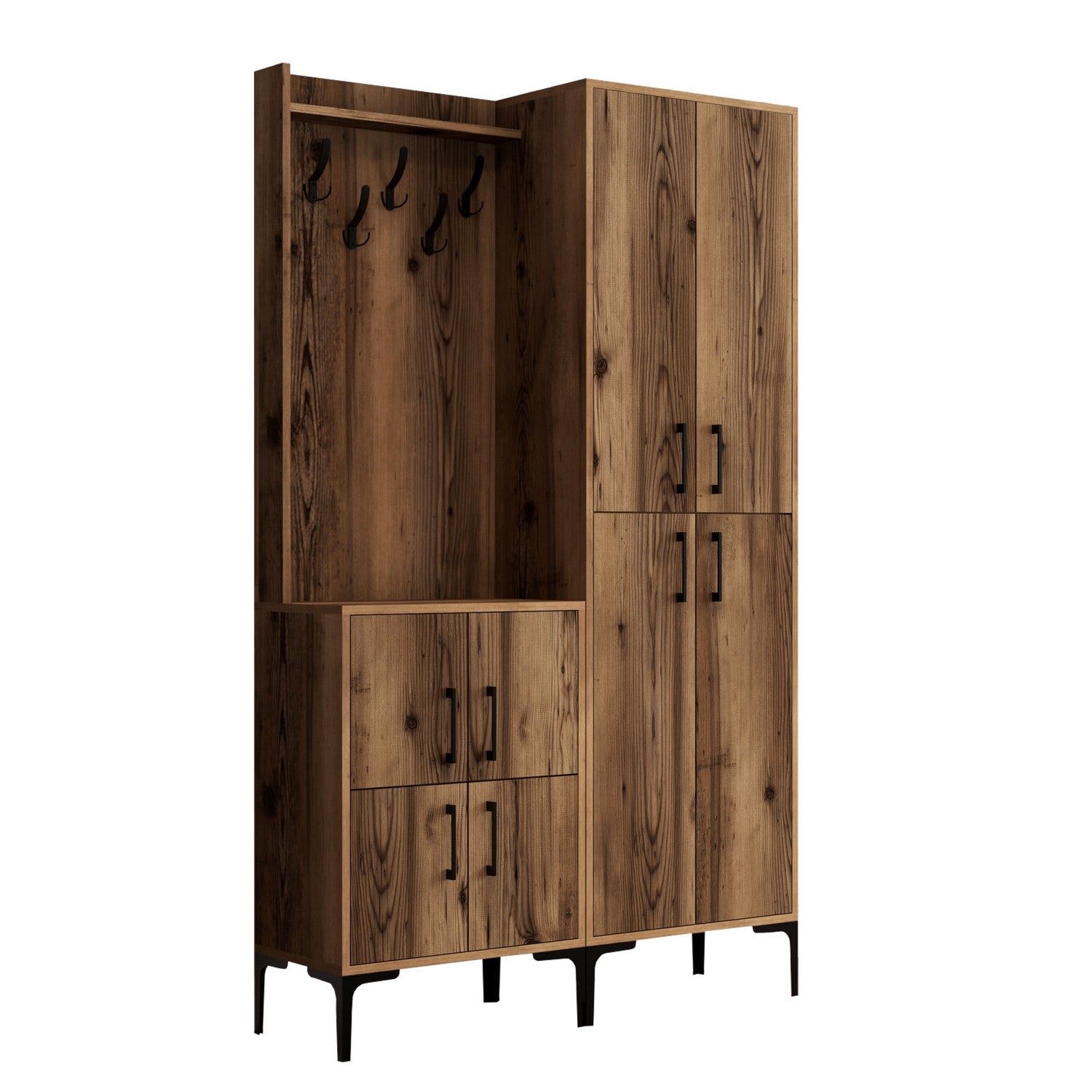 Suporte para salão industrial com pernas de metal, acabamento em nogueira, 120 x 200 x 35 cm | 100% revestido em melamina, para montagem em parede, com várias prateleiras e suporte