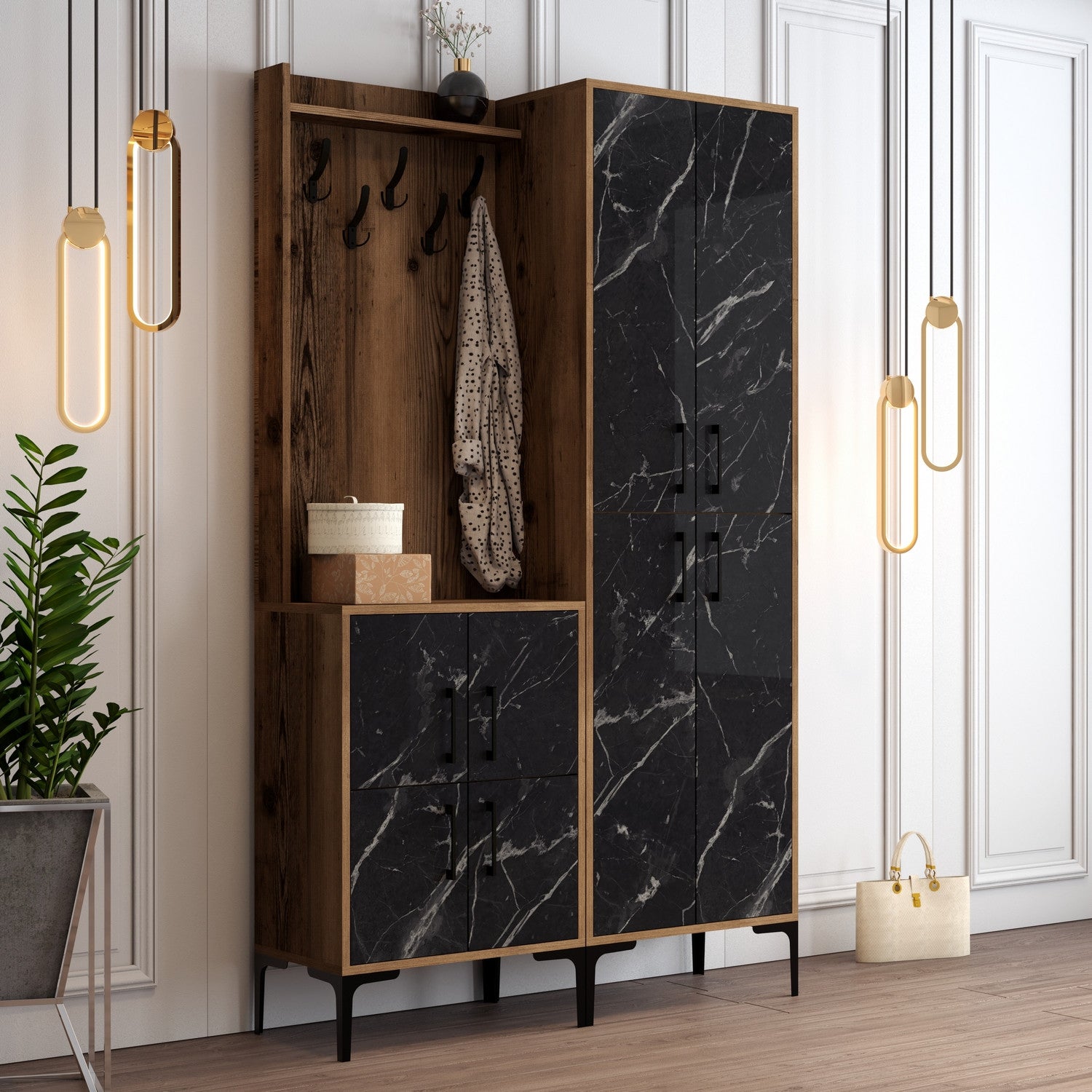 Suporte industrial para salão com pernas de metal e alça de plástico, nogueira e preto, 120 x 200 x 35 cm | 100% revestido em melamina, para montagem na parede, elegante e funcional