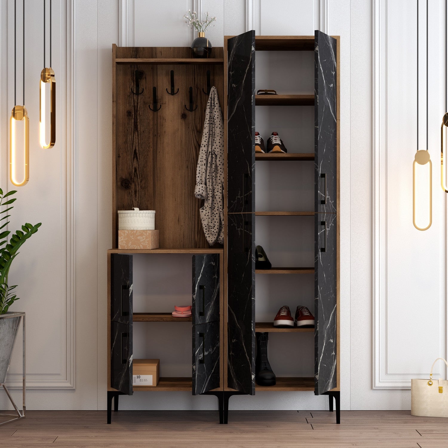 Suporte industrial para salão com pernas de metal e alça de plástico, nogueira e preto, 120 x 200 x 35 cm | 100% revestido em melamina, para montagem na parede, elegante e funcional