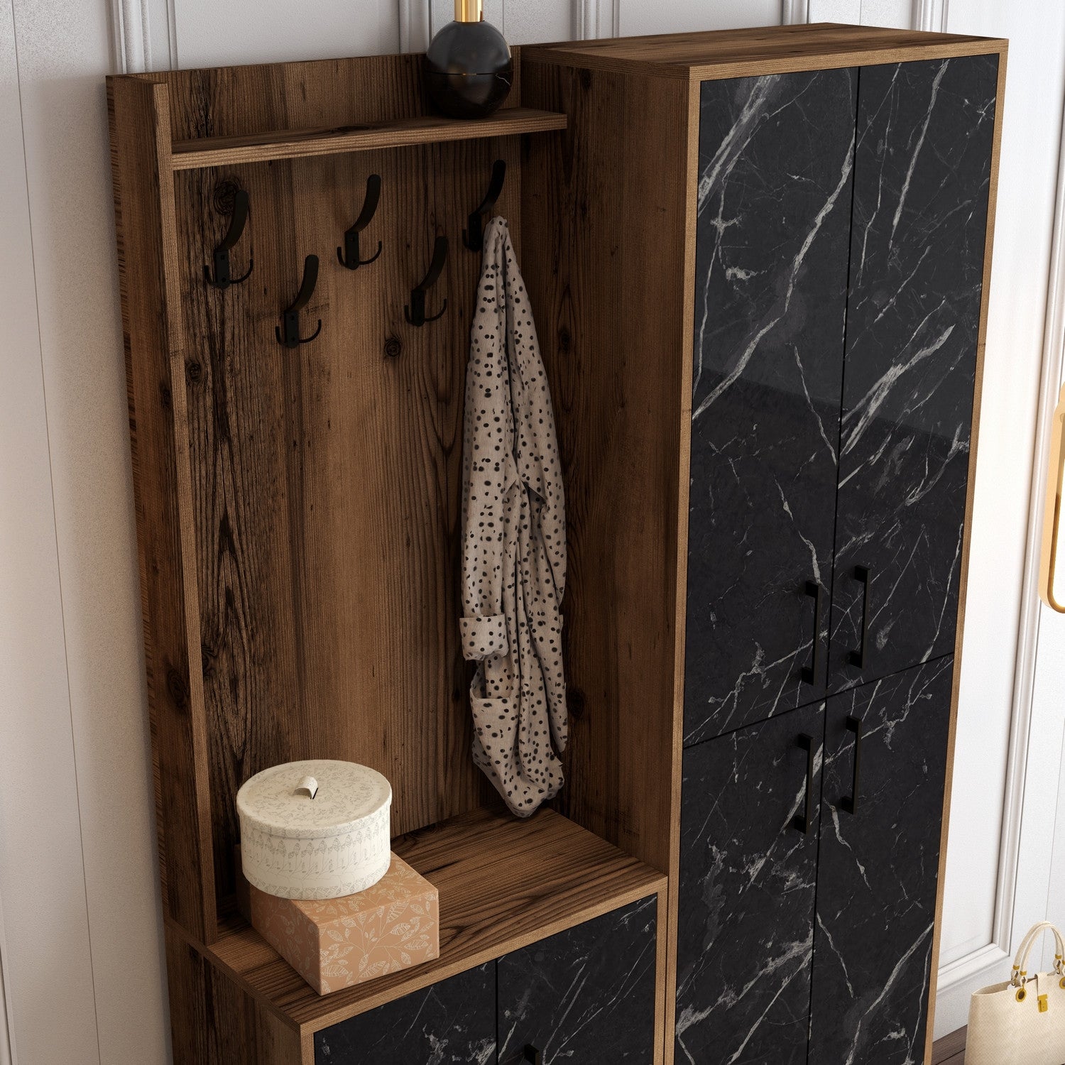 Suporte industrial para salão com pernas de metal e alça de plástico, nogueira e preto, 120 x 200 x 35 cm | 100% revestido em melamina, para montagem na parede, elegante e funcional