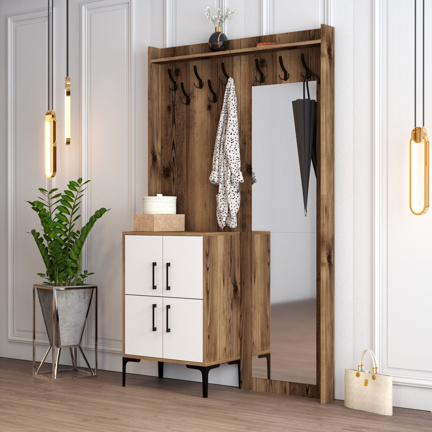 Suporte para salão industrial com pernas de metal e suporte, nogueira e branco, 120 x 200 x 35 cm | 100% revestido em melamina, 18 mm de espessura | Montável na parede com prateleiras