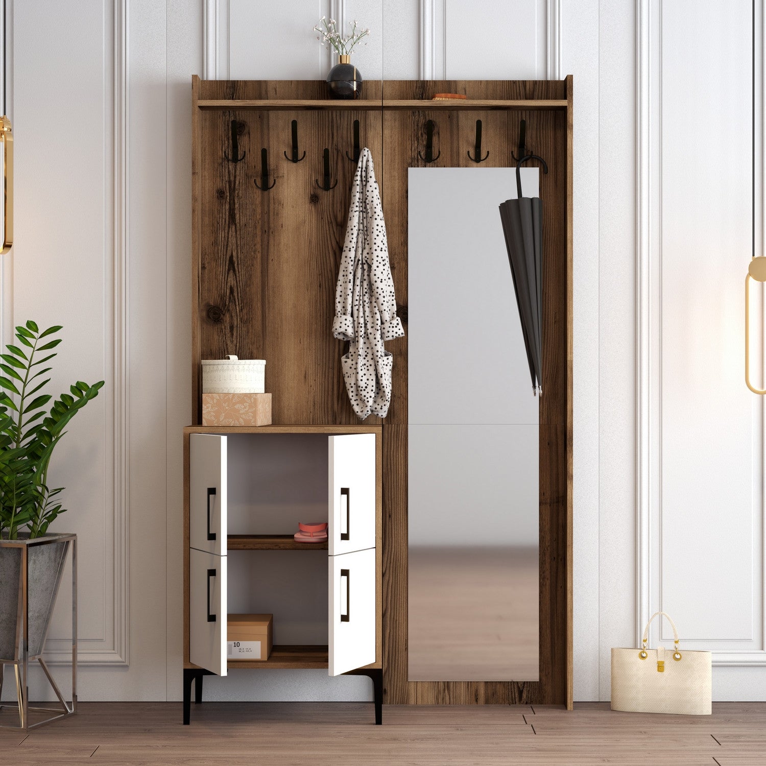 Suporte para salão industrial com pernas de metal e suporte, nogueira e branco, 120 x 200 x 35 cm | 100% revestido em melamina, 18 mm de espessura | Montável na parede com prateleiras