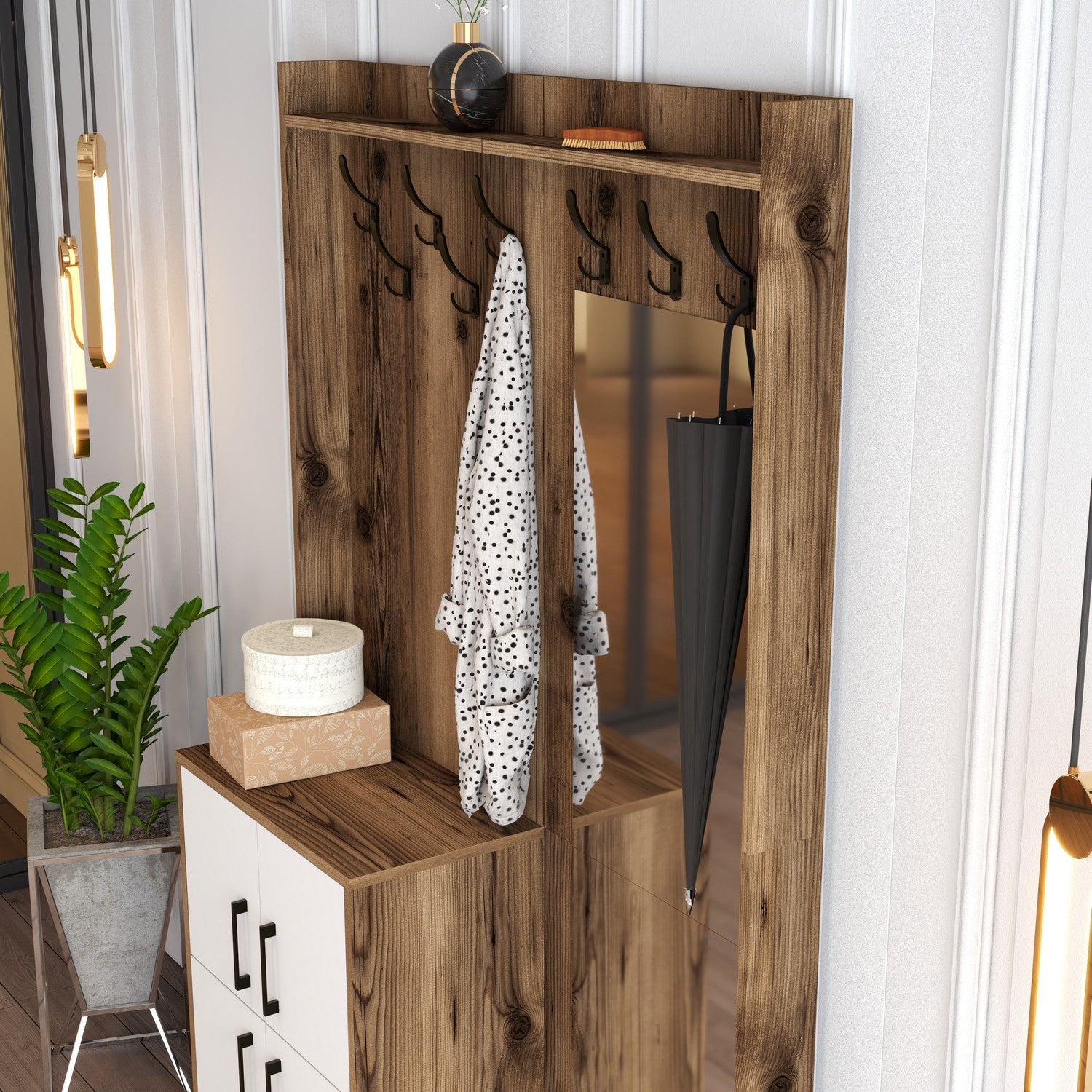 Suporte para salão industrial com pernas de metal e suporte, nogueira e branco, 120 x 200 x 35 cm | 100% revestido em melamina, 18 mm de espessura | Montável na parede com prateleiras