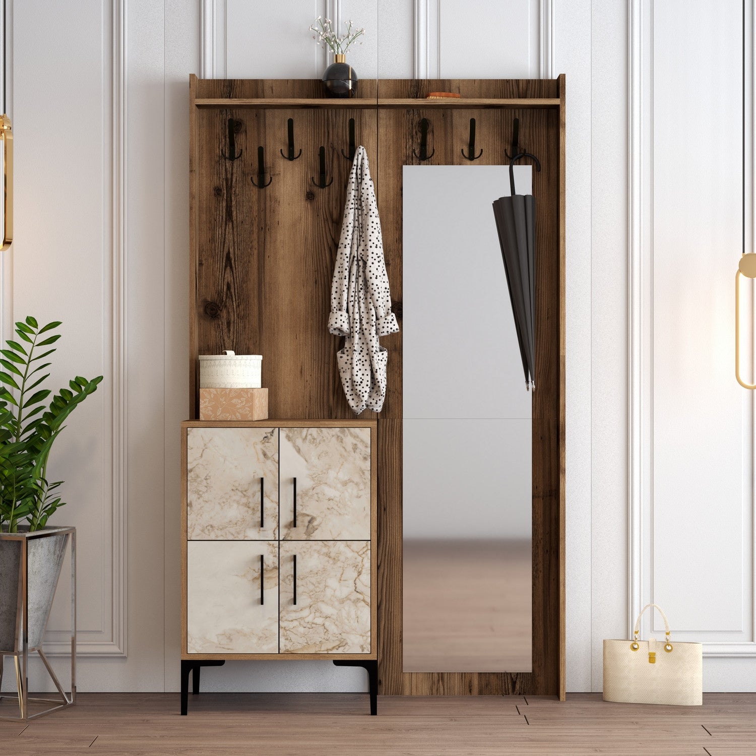 Suporte industrial para hall com pernas e cabide de metal, nogueira e branco, 120 x 200 x 35 cm | 100% revestido em melamina, 18 mm de espessura | Solução de armazenamento elegante para entradas