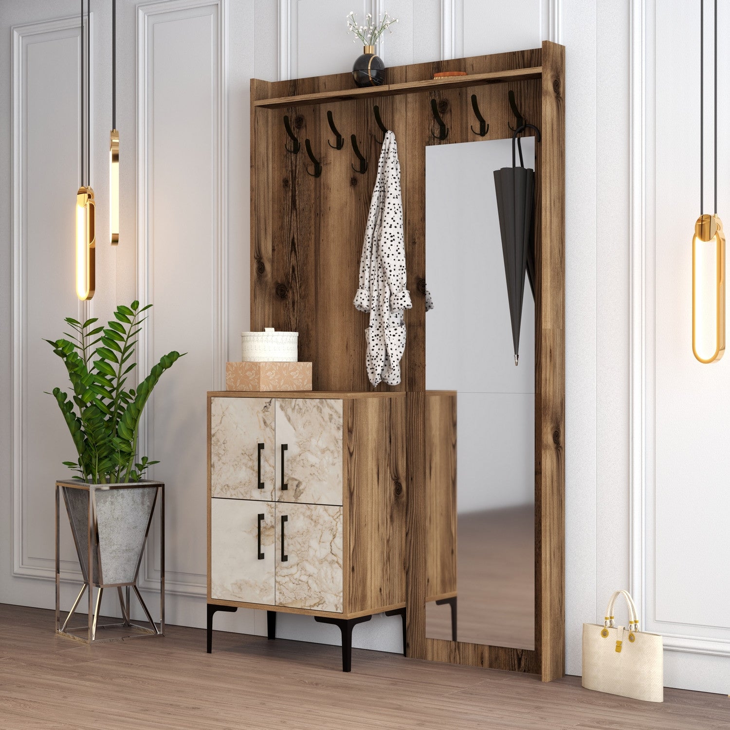 Suporte industrial para hall com pernas e cabide de metal, nogueira e branco, 120 x 200 x 35 cm | 100% revestido em melamina, 18 mm de espessura | Solução de armazenamento elegante para entradas