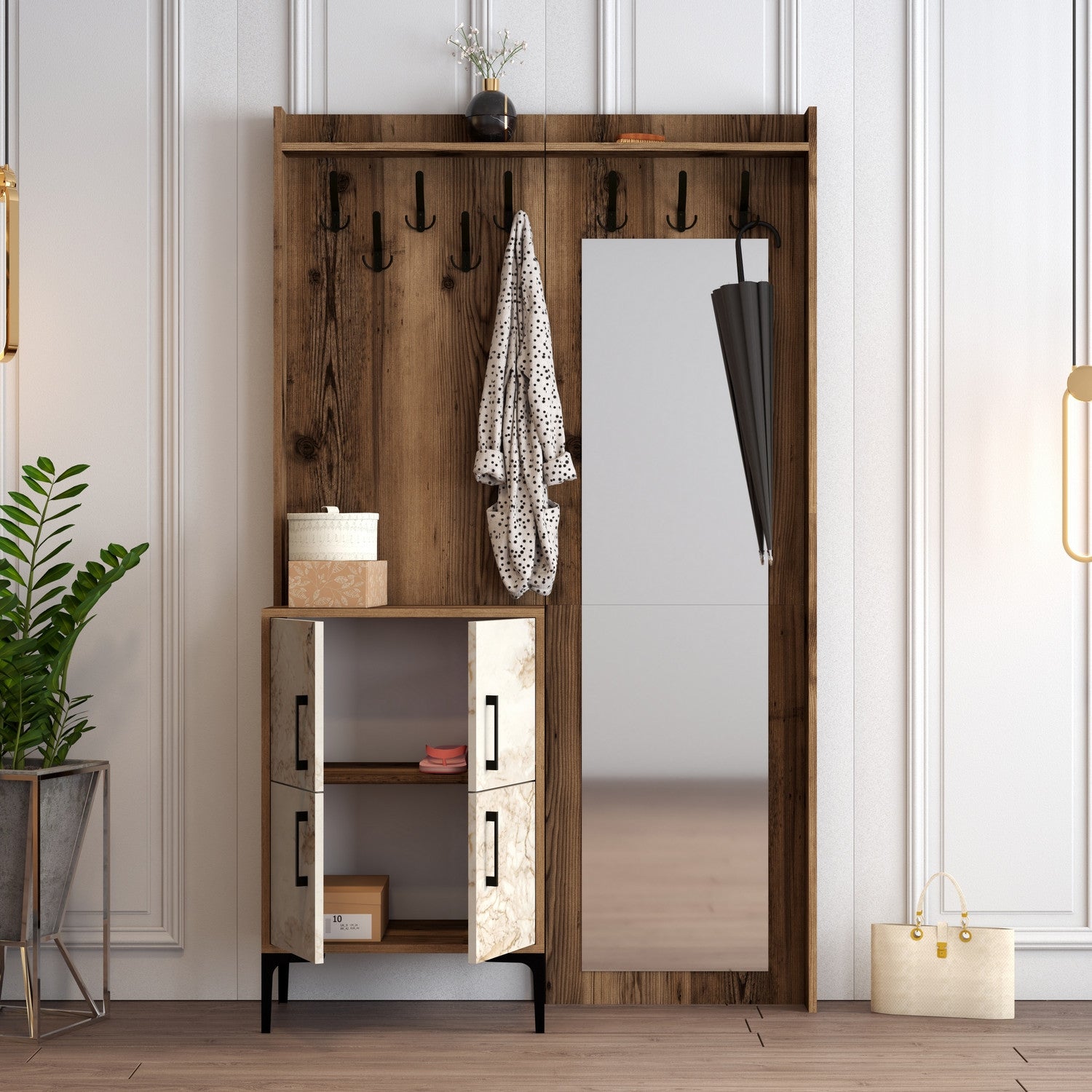 Suporte industrial para hall com pernas e cabide de metal, nogueira e branco, 120 x 200 x 35 cm | 100% revestido em melamina, 18 mm de espessura | Solução de armazenamento elegante para entradas