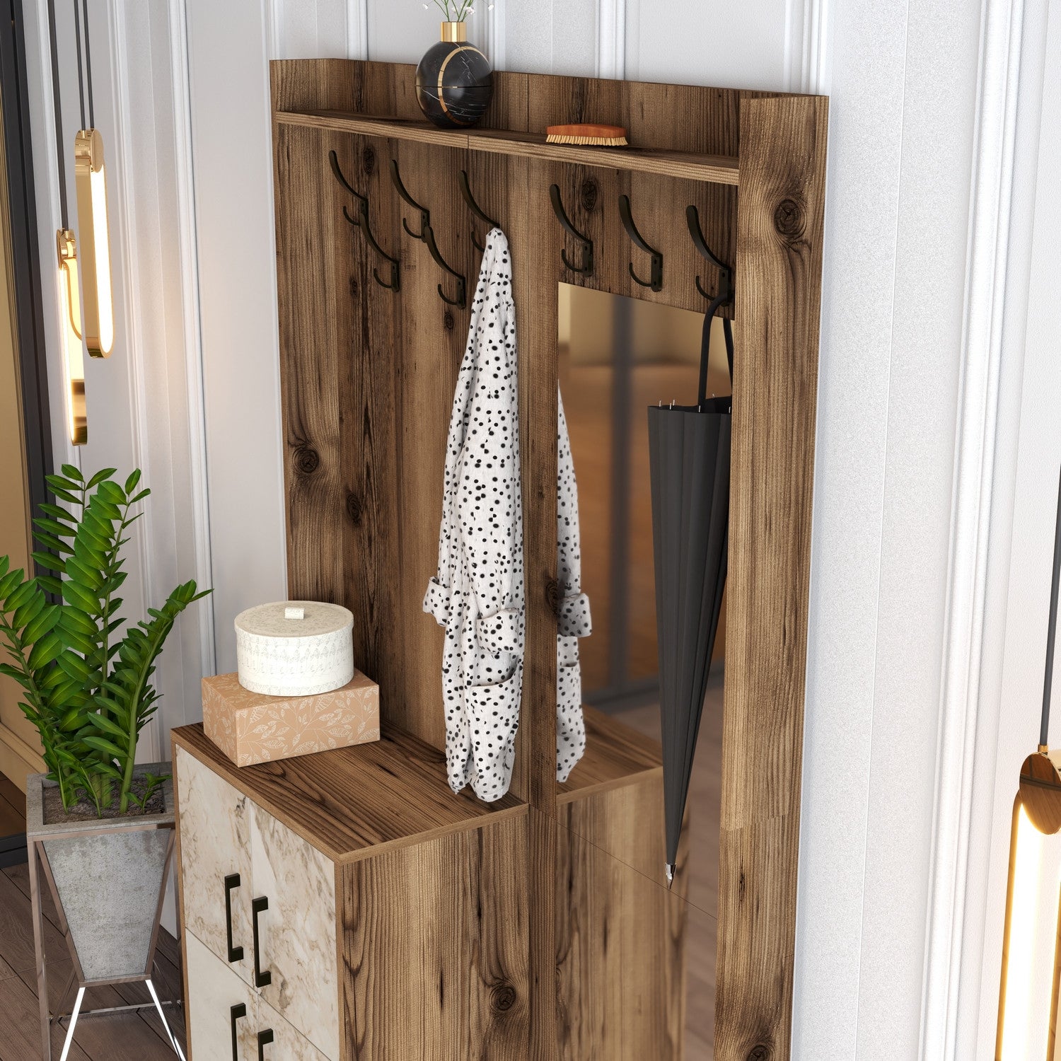 Suporte industrial para hall com pernas e cabide de metal, nogueira e branco, 120 x 200 x 35 cm | 100% revestido em melamina, 18 mm de espessura | Solução de armazenamento elegante para entradas