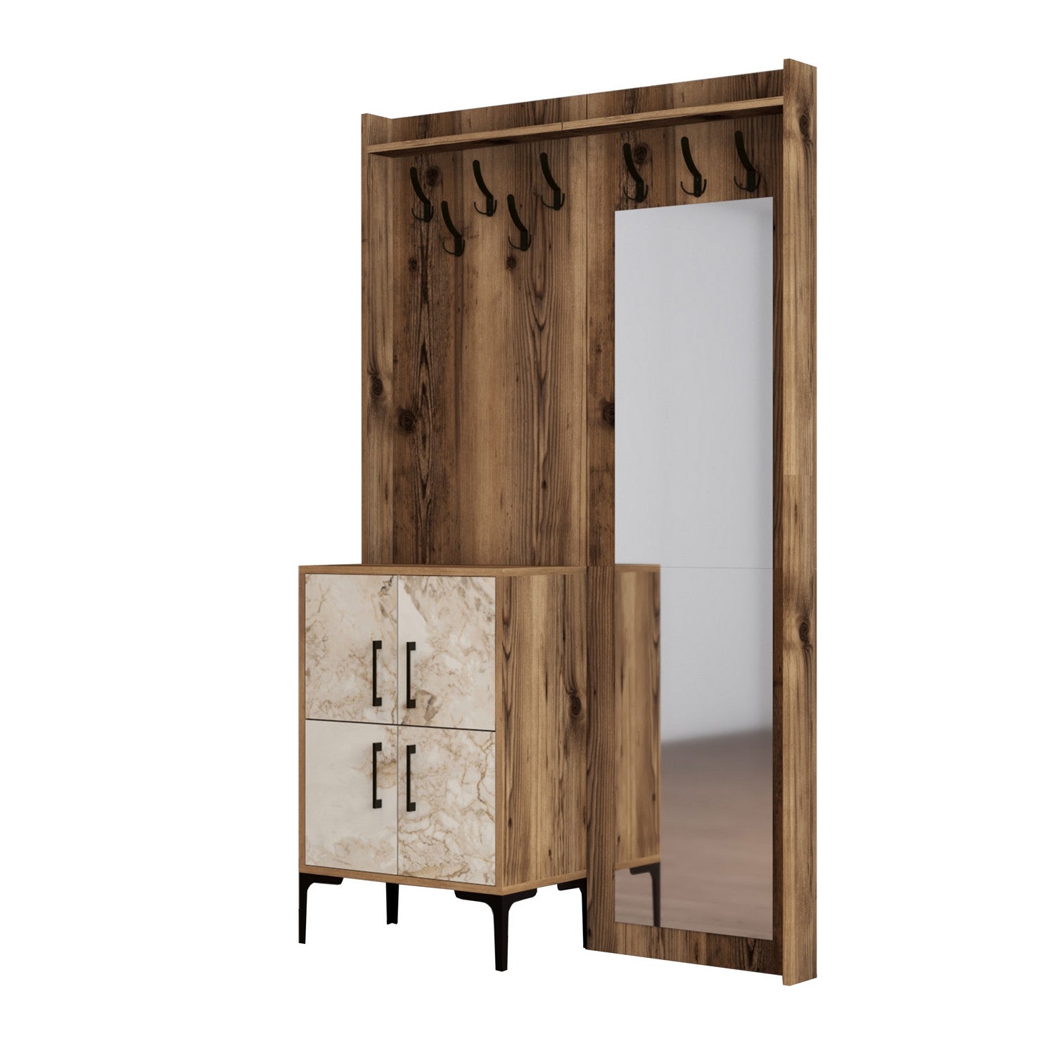 Suporte industrial para hall com pernas e cabide de metal, nogueira e branco, 120 x 200 x 35 cm | 100% revestido em melamina, 18 mm de espessura | Solução de armazenamento elegante para entradas