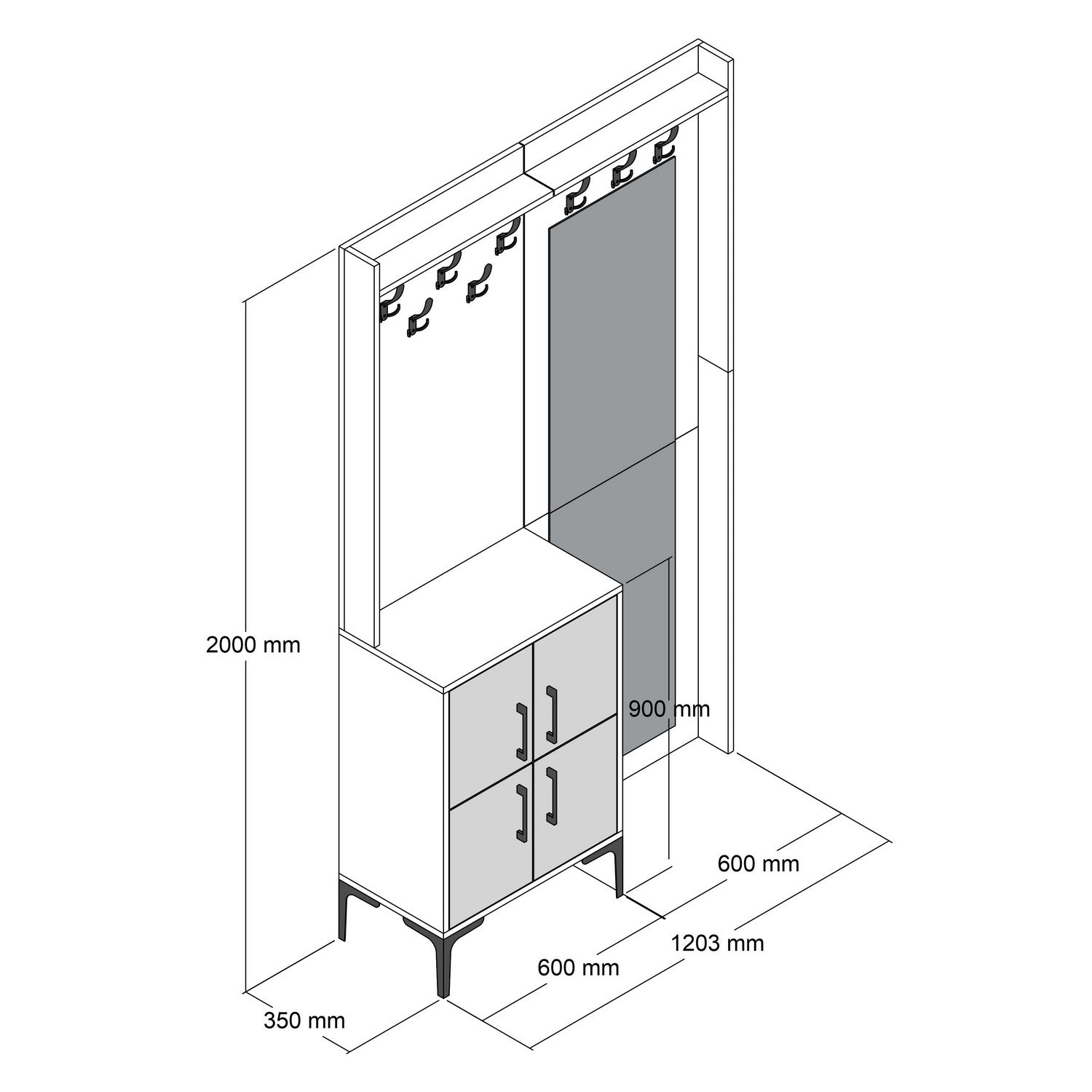 Suporte industrial para hall com pernas e cabide de metal, nogueira e branco, 120 x 200 x 35 cm | 100% revestido em melamina, 18 mm de espessura | Solução de armazenamento elegante para entradas