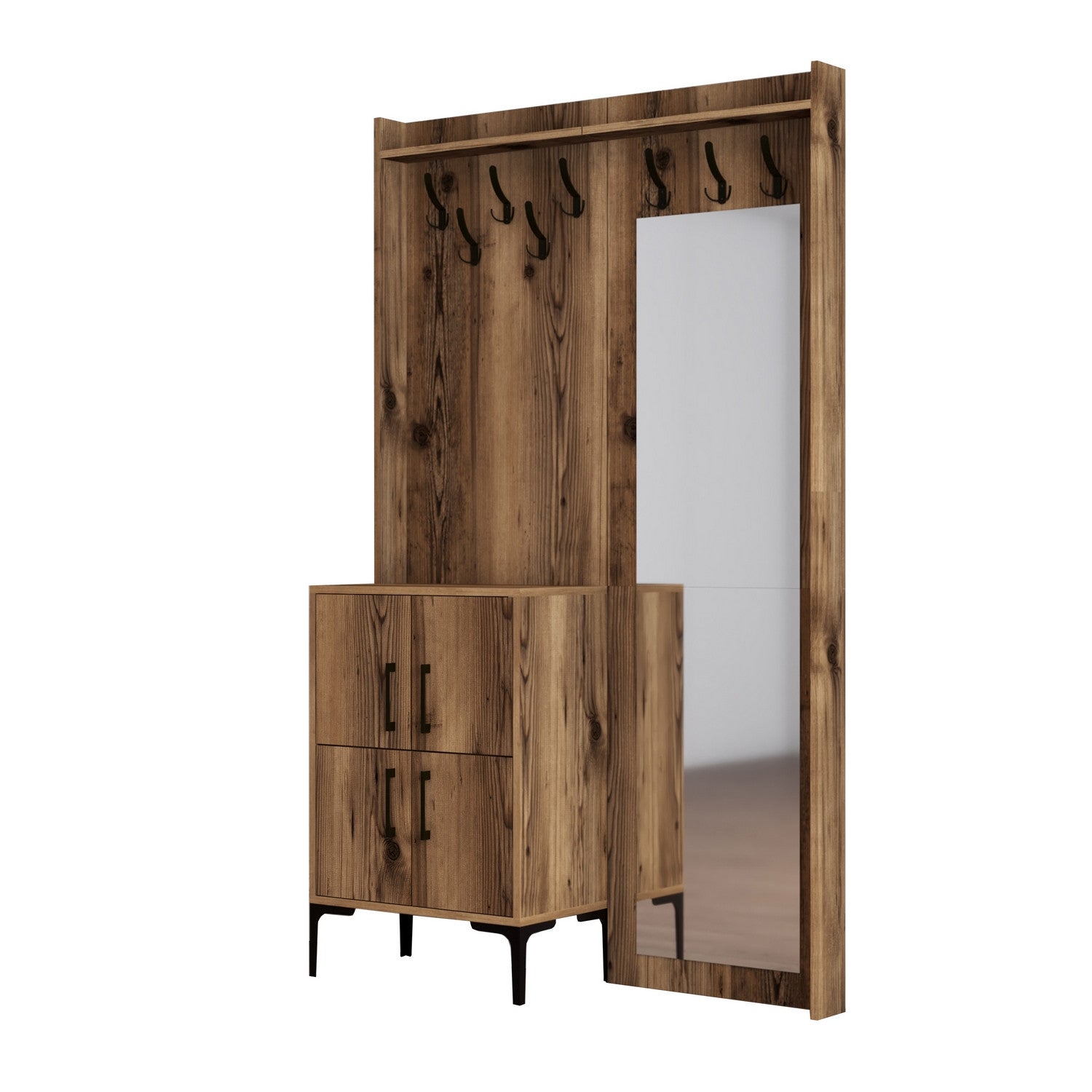 Suporte para salão industrial com pernas de metal e cabide, acabamento em nogueira, 120 x 200 x 35 cm | 100% revestido em melamina, 18 mm de espessura | Montado na parede com prateleiras