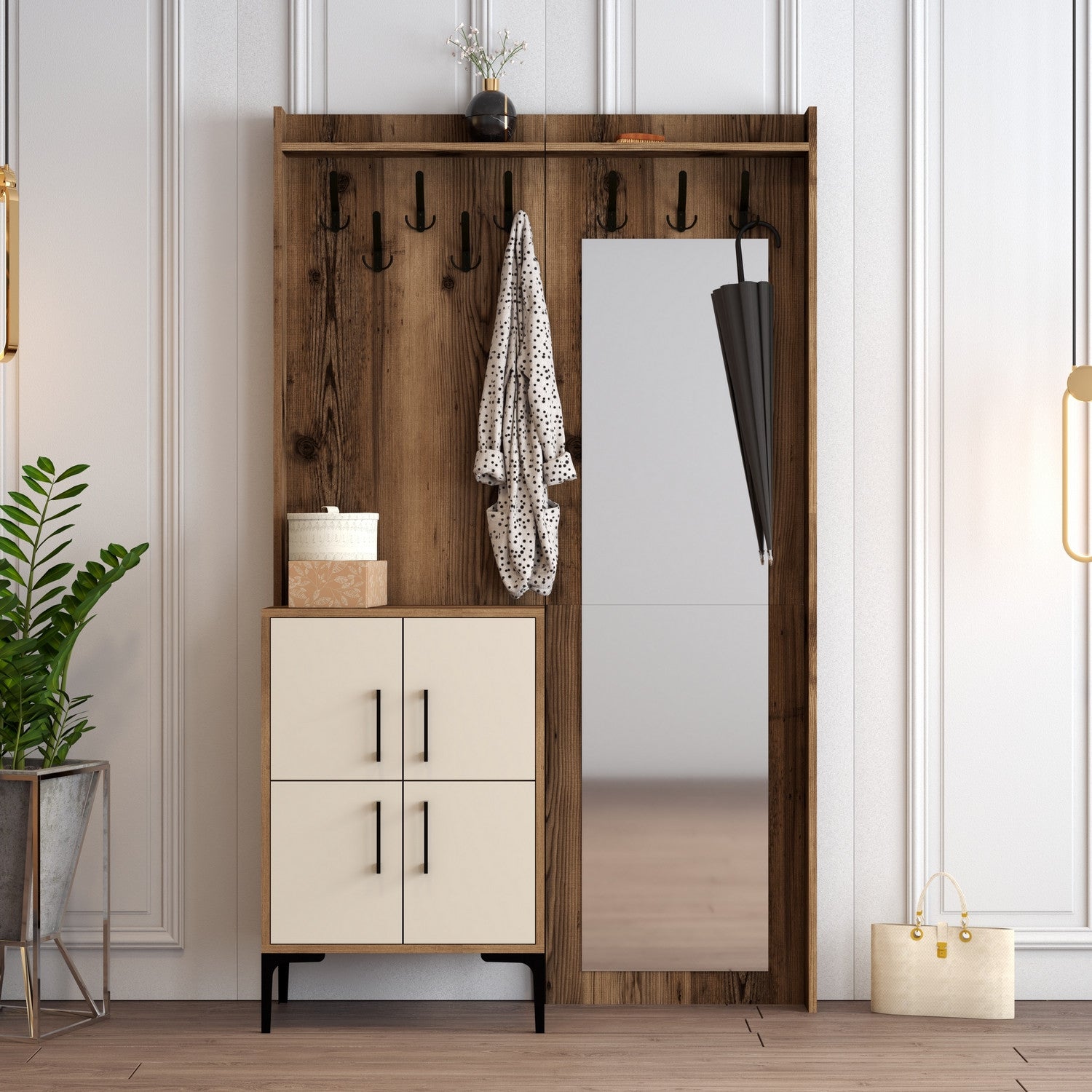 Suporte para salão industrial com pernas de metal e cabide, nogueira e creme, 120 x 200 x 35 cm | 100% revestido em melamina, 18 mm de espessura | Armazenamento elegante e funcional para montagem na parede