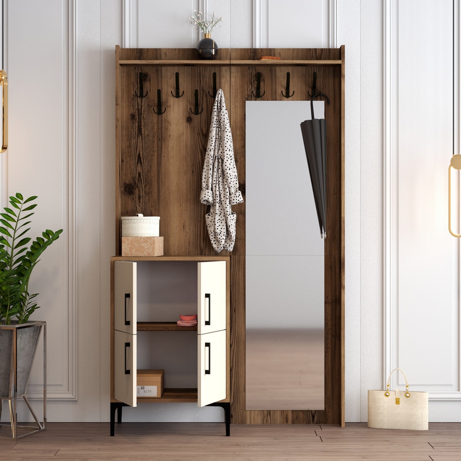 Suporte para salão industrial com pernas de metal e cabide, nogueira e creme, 120 x 200 x 35 cm | 100% revestido em melamina, 18 mm de espessura | Armazenamento elegante e funcional para montagem na parede