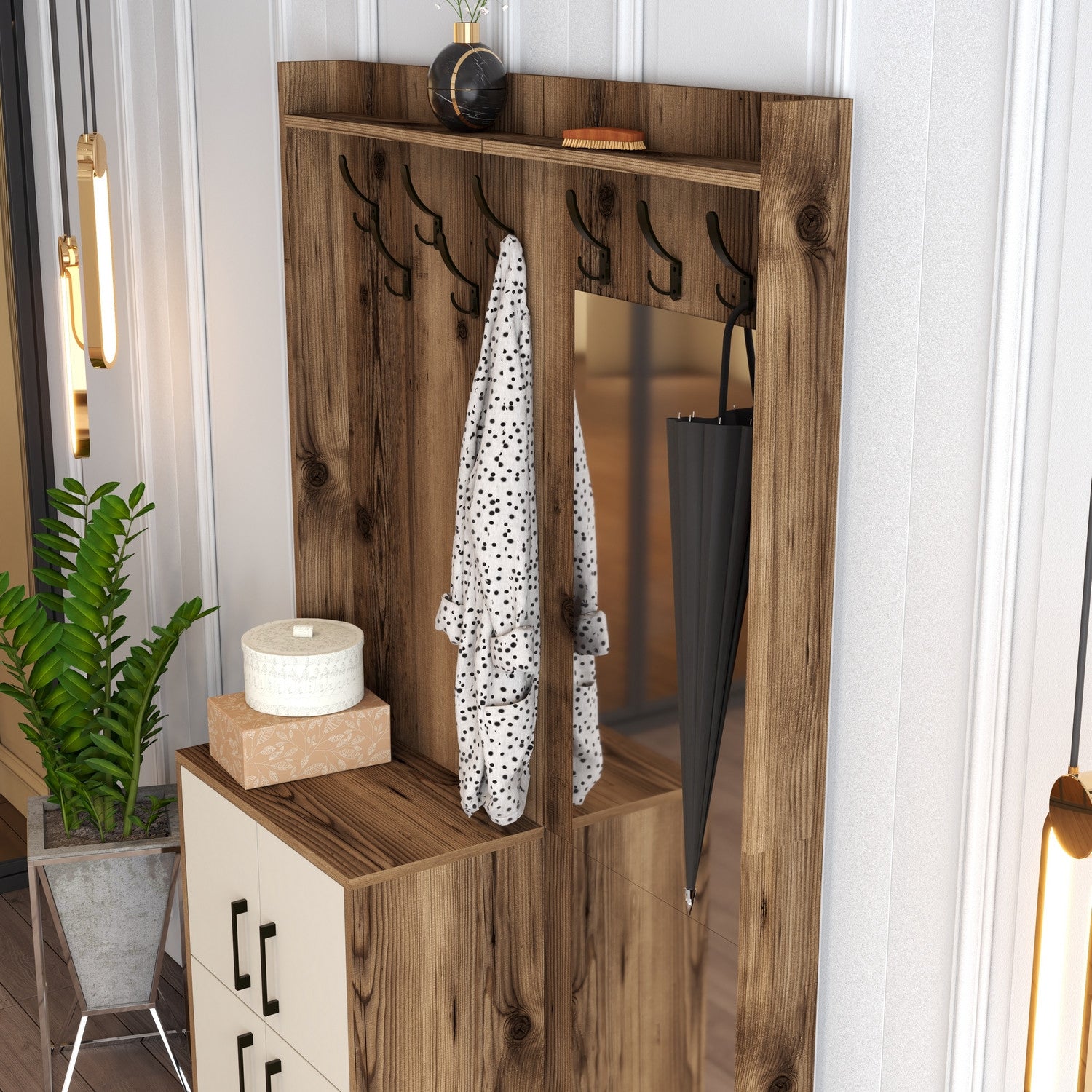 Suporte para salão industrial com pernas de metal e cabide, nogueira e creme, 120 x 200 x 35 cm | 100% revestido em melamina, 18 mm de espessura | Armazenamento elegante e funcional para montagem na parede