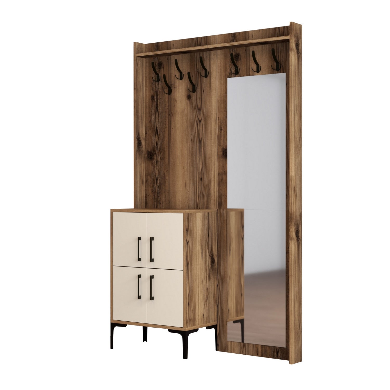 Suporte para salão industrial com pernas de metal e cabide, nogueira e creme, 120 x 200 x 35 cm | 100% revestido em melamina, 18 mm de espessura | Armazenamento elegante e funcional para montagem na parede