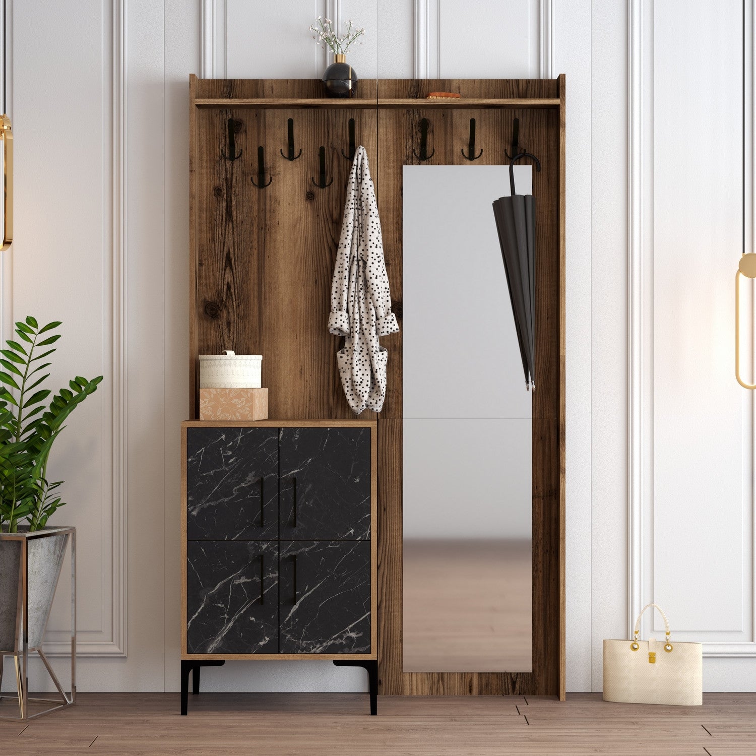 Suporte para Hall Industrial com Pernas e Cabide de Metal, Nogueira e Preto, 120 x 200 x 35 cm | 100% Revestimento em Melamina, 18 mm de Espessura | Solução de Armazenamento Elegante para Entrada