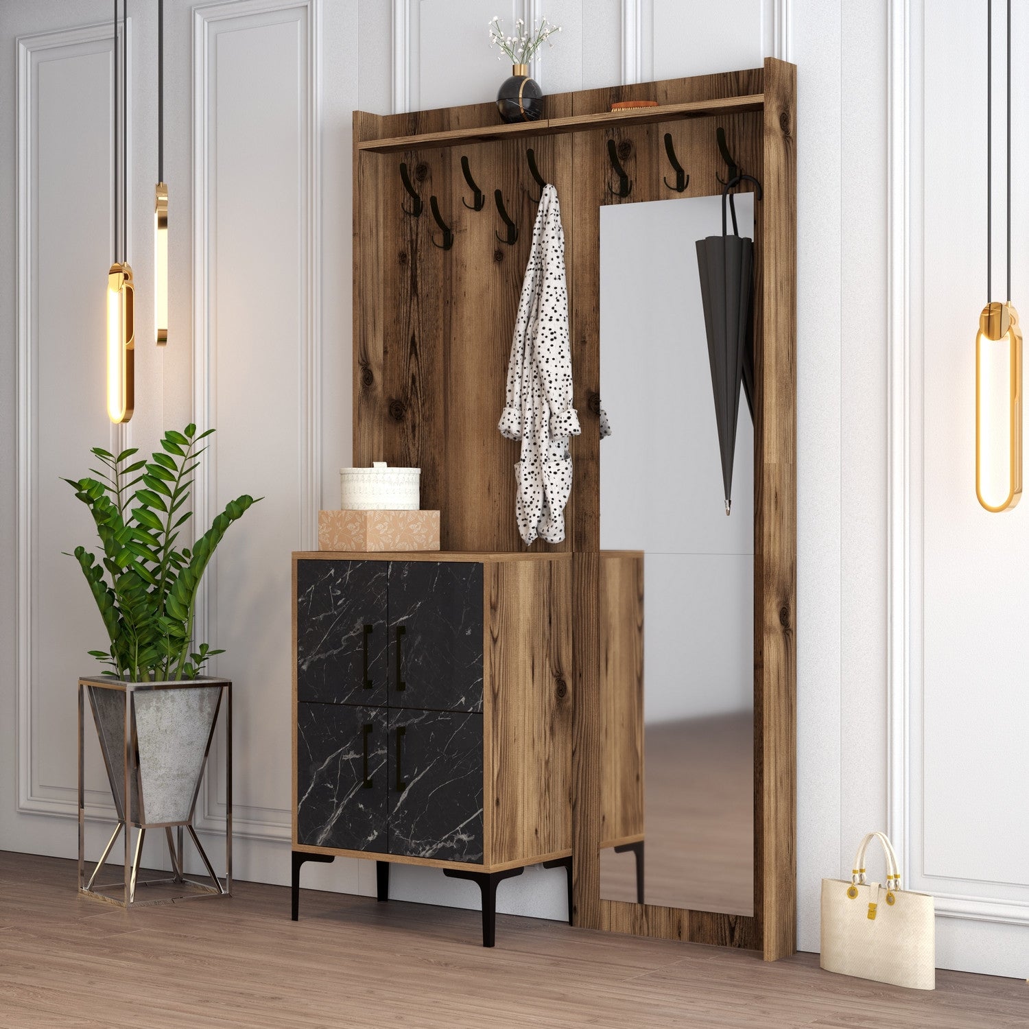 Suporte para Hall Industrial com Pernas e Cabide de Metal, Nogueira e Preto, 120 x 200 x 35 cm | 100% Revestimento em Melamina, 18 mm de Espessura | Solução de Armazenamento Elegante para Entrada