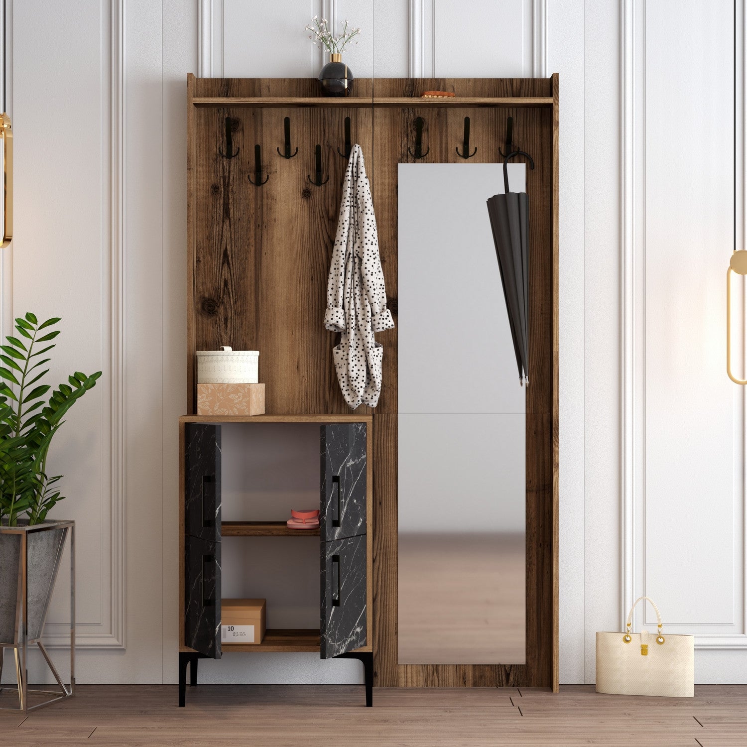 Suporte para Hall Industrial com Pernas e Cabide de Metal, Nogueira e Preto, 120 x 200 x 35 cm | 100% Revestimento em Melamina, 18 mm de Espessura | Solução de Armazenamento Elegante para Entrada