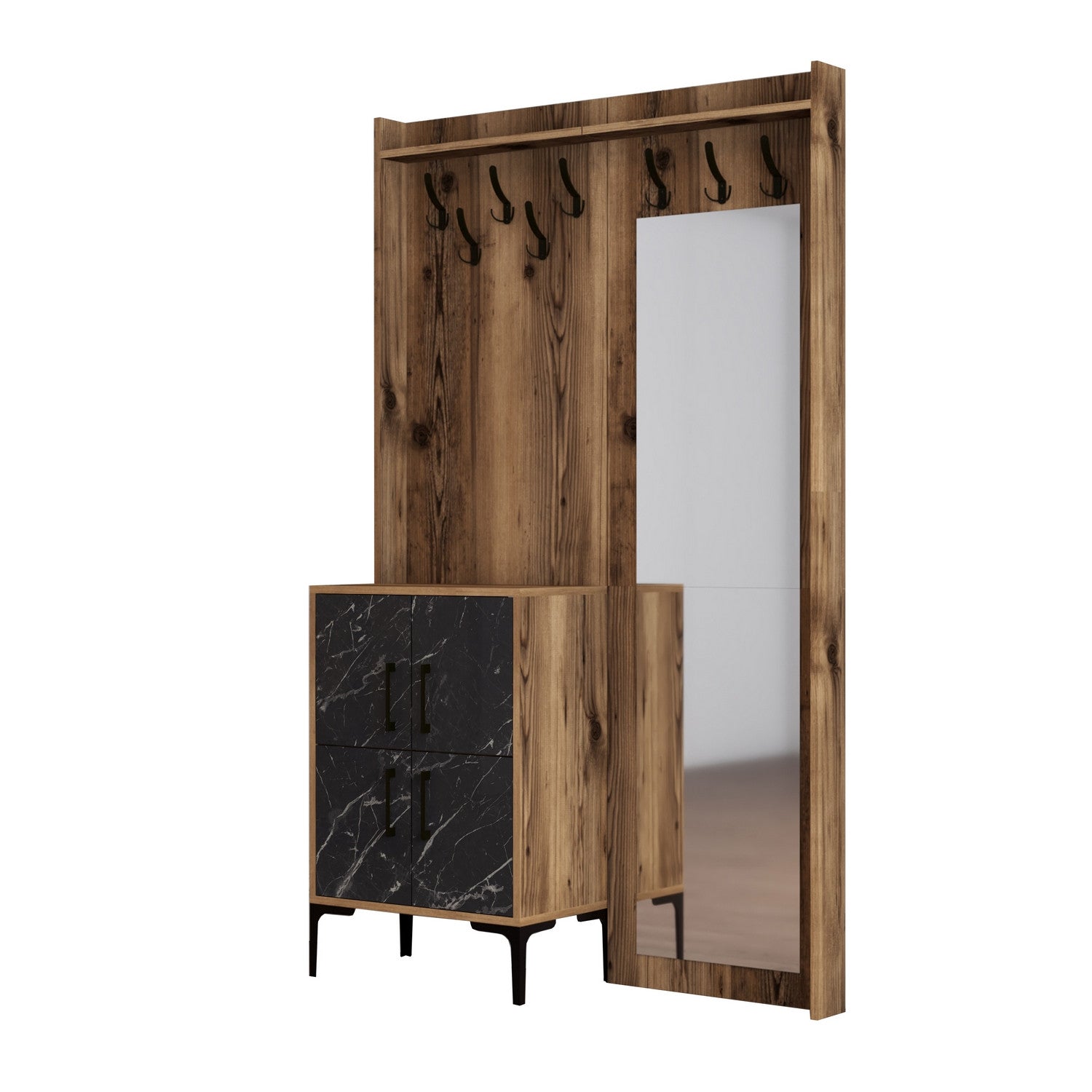 Suporte para Hall Industrial com Pernas e Cabide de Metal, Nogueira e Preto, 120 x 200 x 35 cm | 100% Revestimento em Melamina, 18 mm de Espessura | Solução de Armazenamento Elegante para Entrada