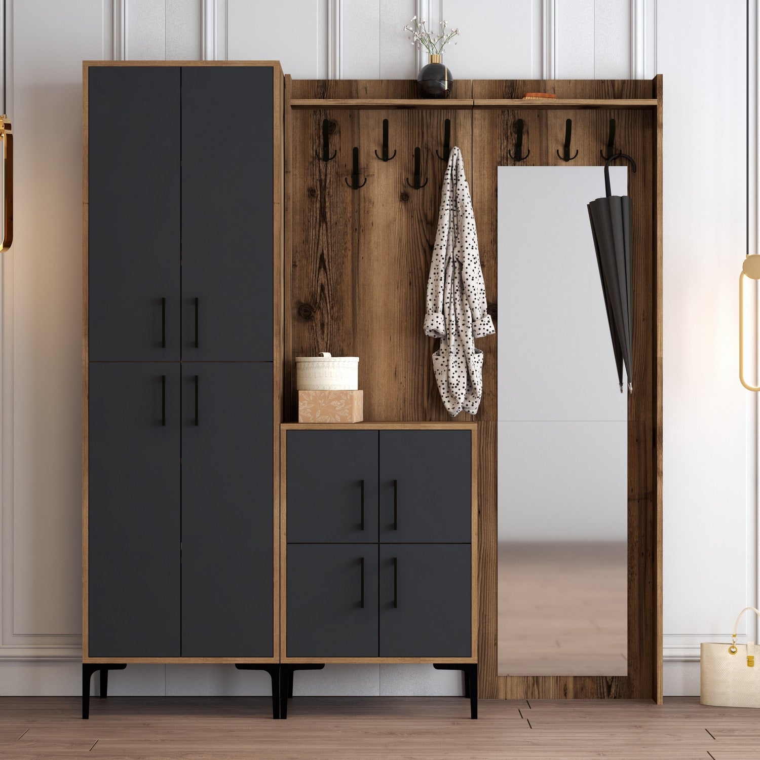 Suporte para salão industrial com pernas e suporte de metal, nogueira e antracite, 180 x 200 x 35 cm | 100% revestido em melamina, 18 mm de espessura | Montado na parede, elegante e funcional