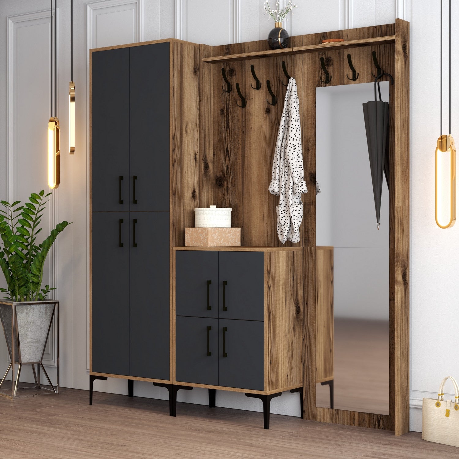 Suporte para salão industrial com pernas e suporte de metal, nogueira e antracite, 180 x 200 x 35 cm | 100% revestido em melamina, 18 mm de espessura | Montado na parede, elegante e funcional