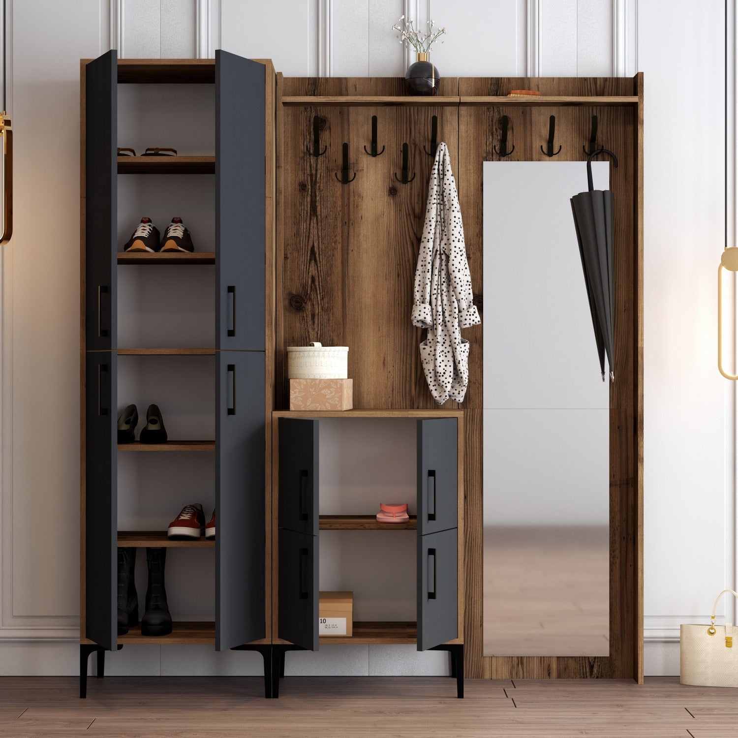 Suporte para salão industrial com pernas e suporte de metal, nogueira e antracite, 180 x 200 x 35 cm | 100% revestido em melamina, 18 mm de espessura | Montado na parede, elegante e funcional