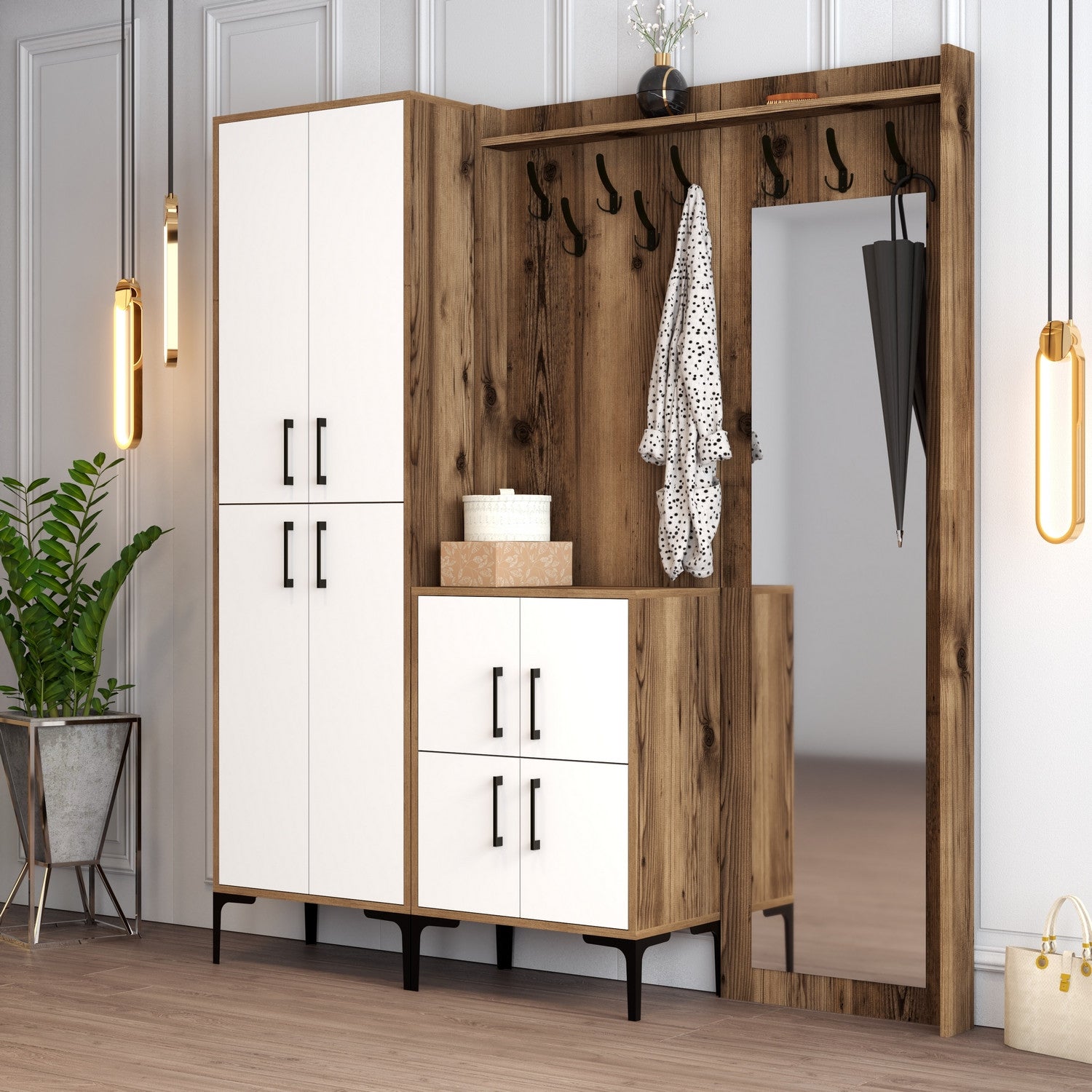 Suporte para salão industrial com pernas de metal e suporte, nogueira e branco, 180 x 200 x 35 cm | 100% revestido em melamina, 18 mm de espessura | Montado na parede com prateleiras