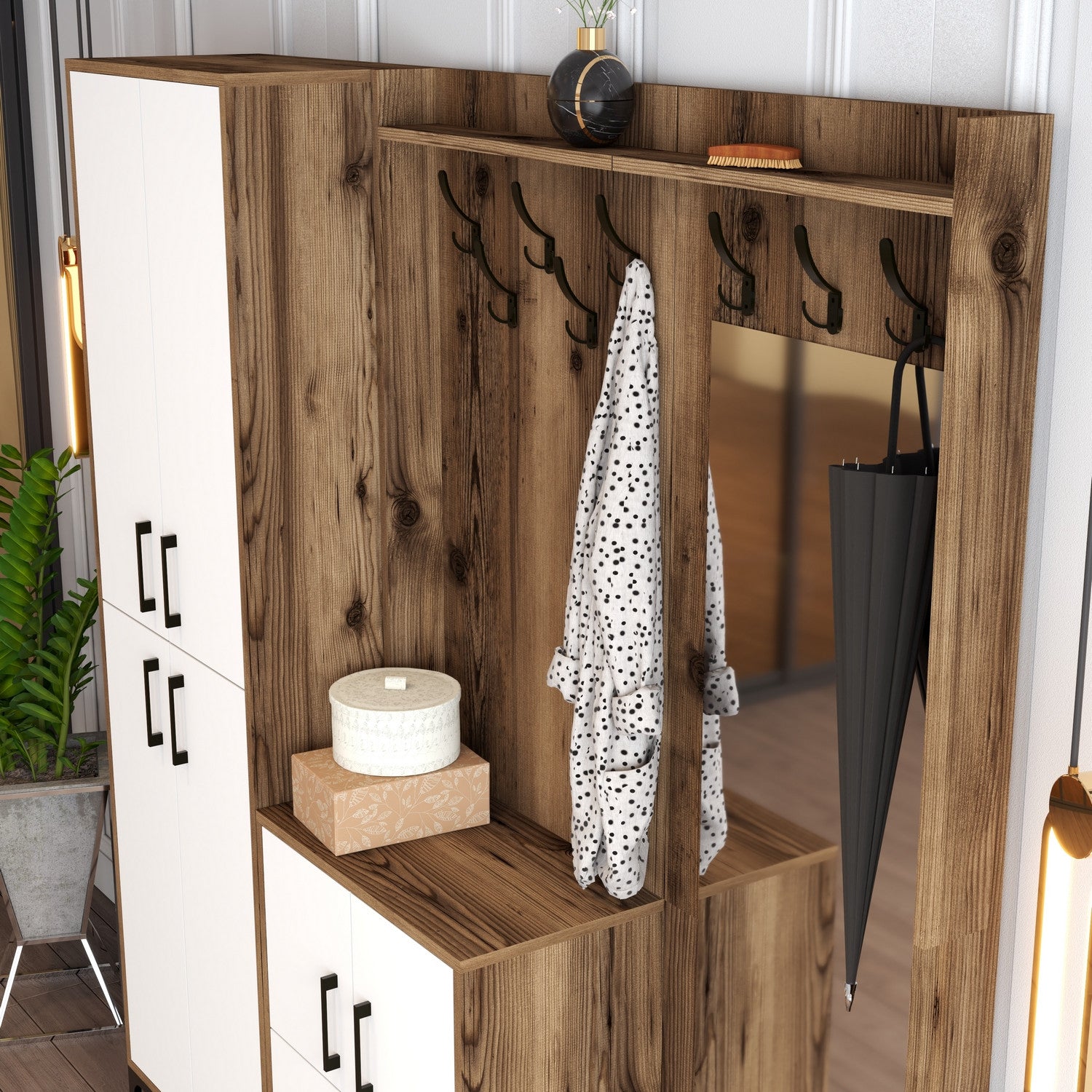 Suporte para salão industrial com pernas de metal e suporte, nogueira e branco, 180 x 200 x 35 cm | 100% revestido em melamina, 18 mm de espessura | Montado na parede com prateleiras