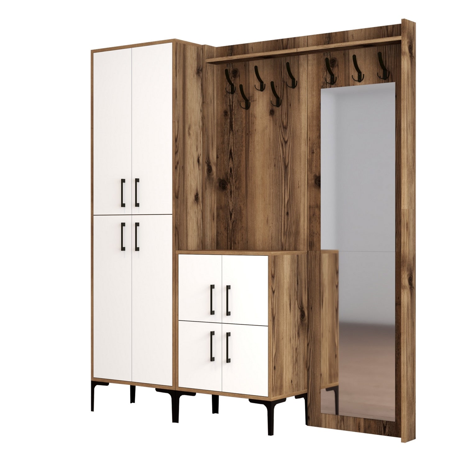 Suporte para salão industrial com pernas de metal e suporte, nogueira e branco, 180 x 200 x 35 cm | 100% revestido em melamina, 18 mm de espessura | Montado na parede com prateleiras