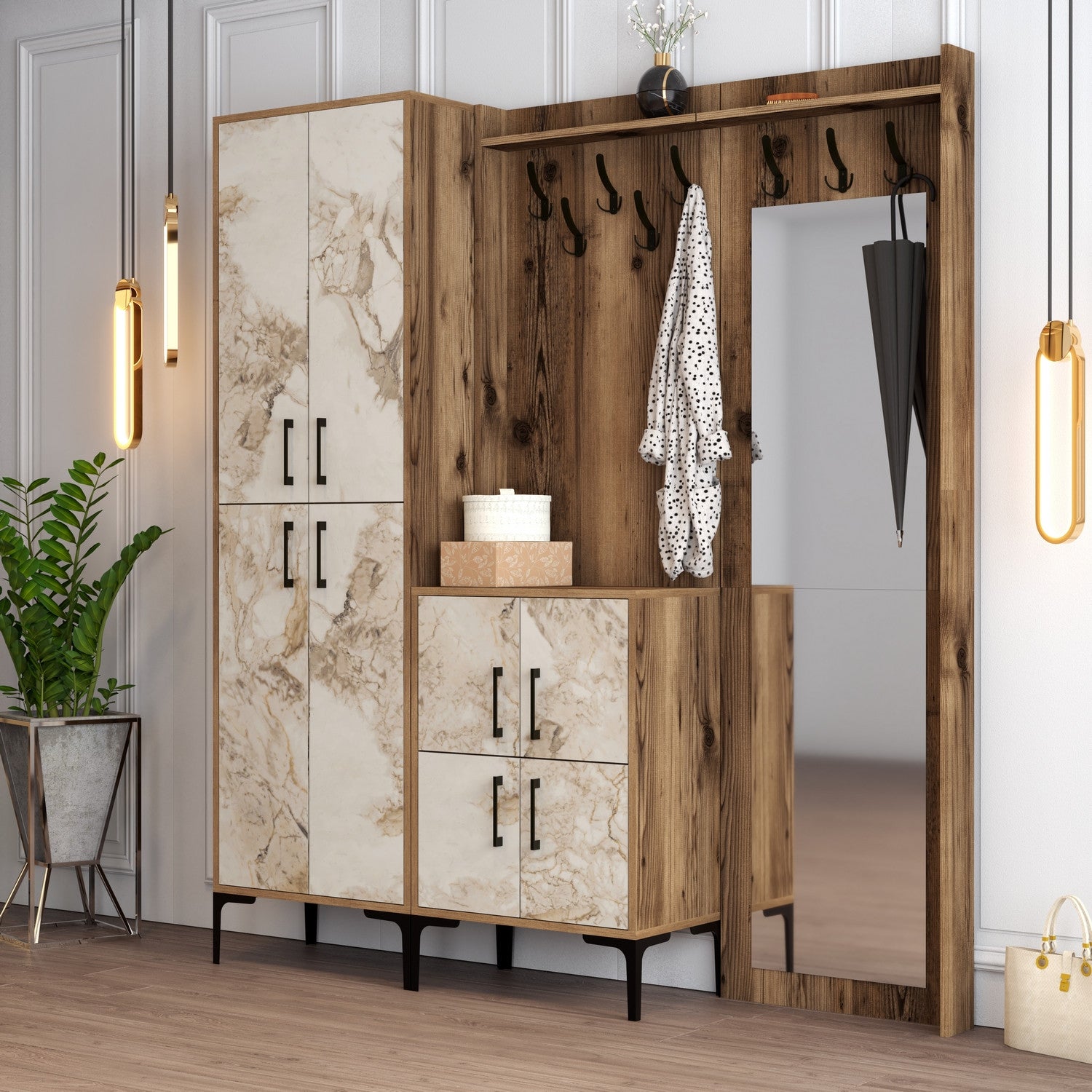 Suporte para salão industrial com pernas e cabide de metal, nogueira e branco, 180 x 200 x 35 cm | 100% revestido em melamina, 18 mm de espessura | Solução de armazenamento elegante e funcional
