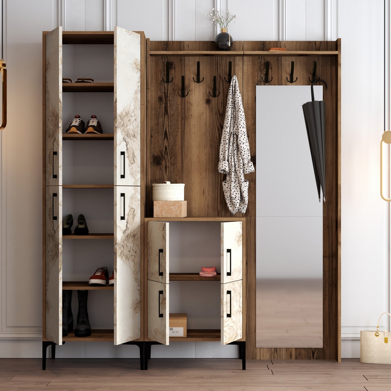 Suporte para salão industrial com pernas e cabide de metal, nogueira e branco, 180 x 200 x 35 cm | 100% revestido em melamina, 18 mm de espessura | Solução de armazenamento elegante e funcional