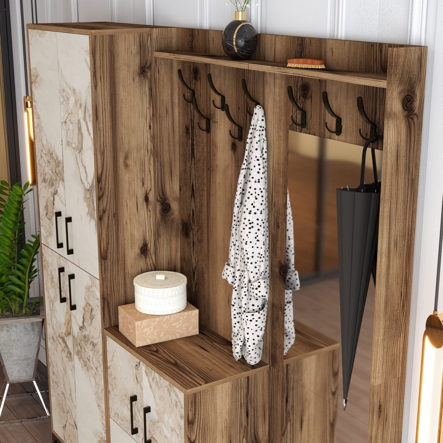 Suporte para salão industrial com pernas e cabide de metal, nogueira e branco, 180 x 200 x 35 cm | 100% revestido em melamina, 18 mm de espessura | Solução de armazenamento elegante e funcional